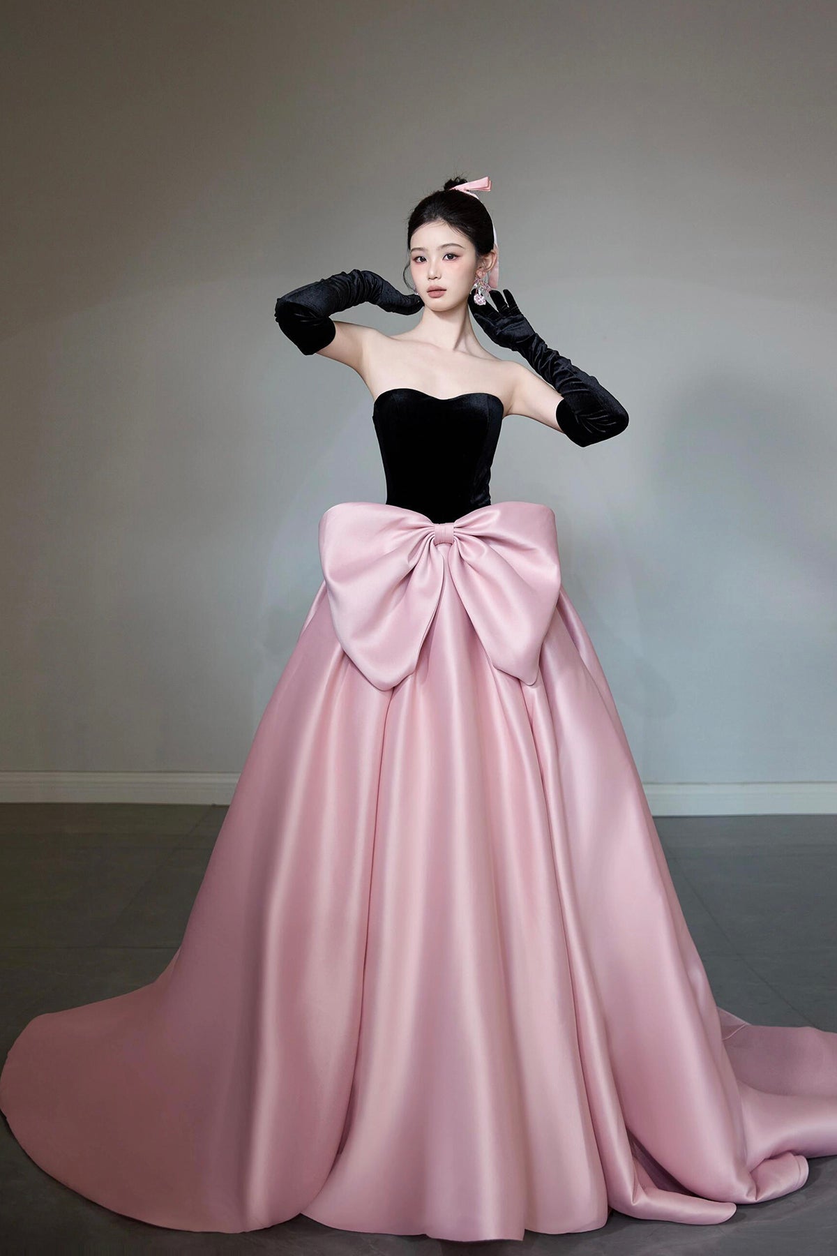 Black Velvet and Pink Satin Long Prom Dress, Beautiful A-Line Strapless Party Dress