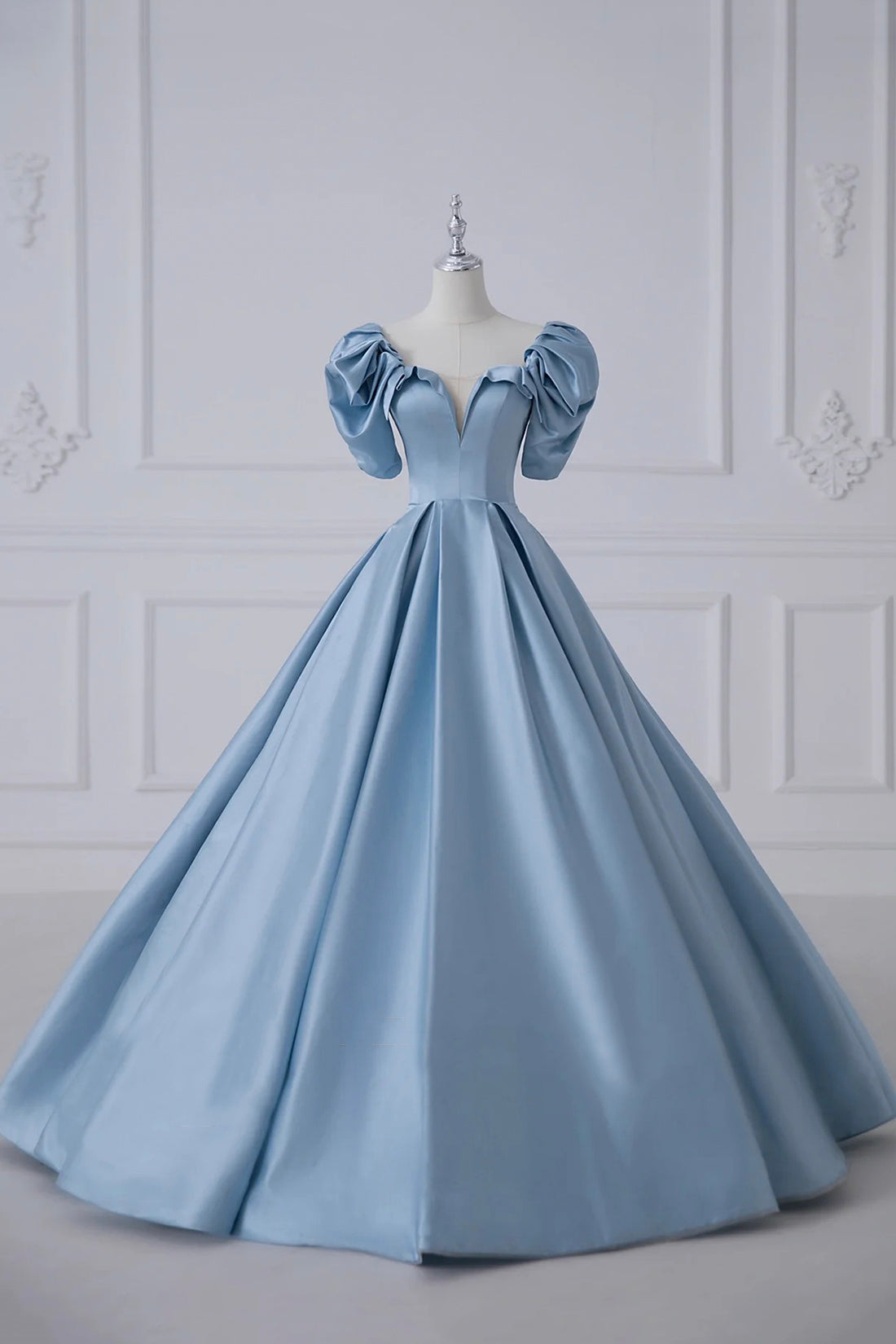 Blue Satin Long A-Line Prom Dress, Beautiful A-Line Short Sleeve Eveni Blue Satin Long A-Line Prom Dress, Beautiful A-Line Short Sleeve Eveni
