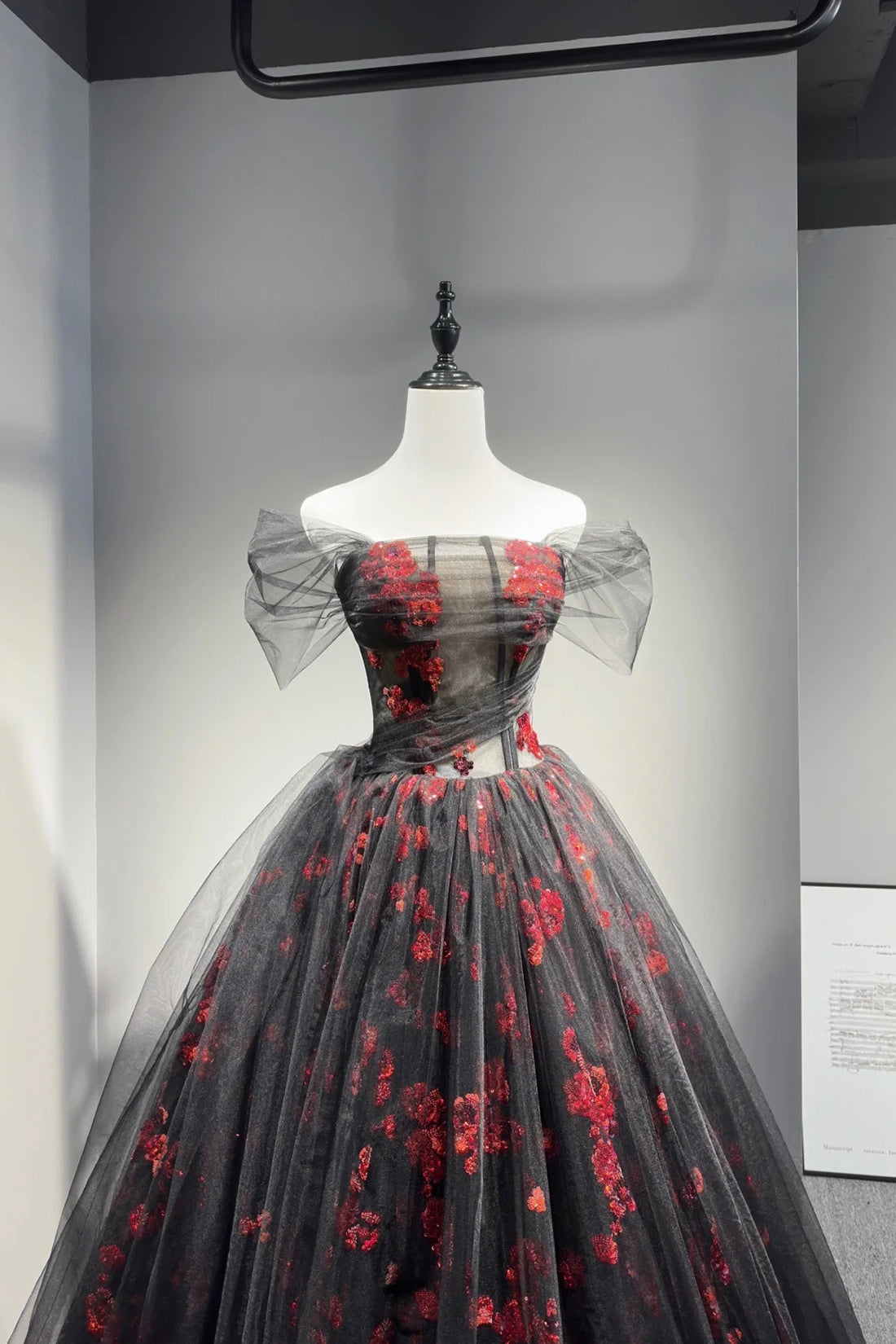 Black Tulle and Red Sequins Long Prom Dress, Off the Shoulder Evening Party Dress