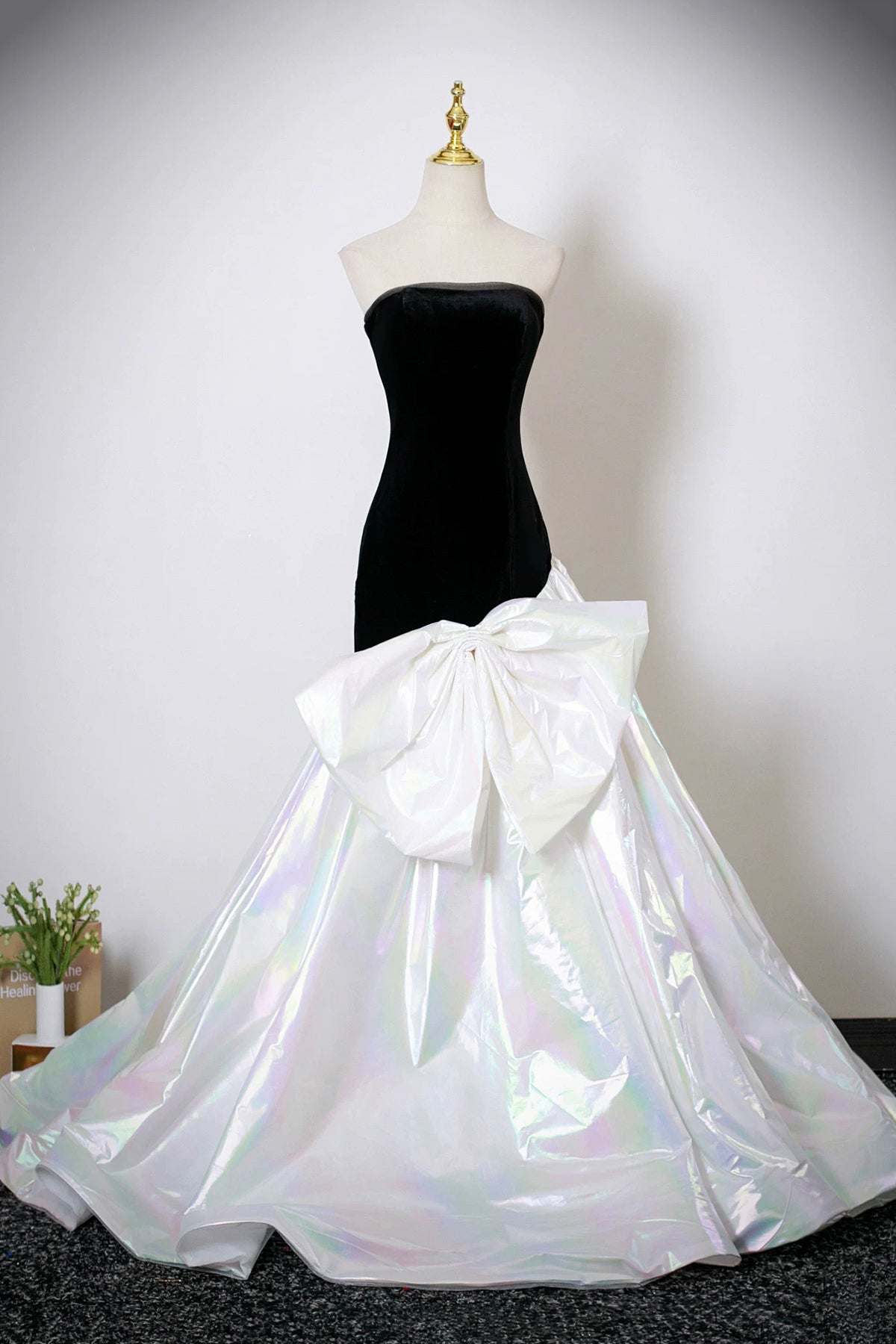 Black Velvet and White Colorful Satin Long Mermaid Strapless Prom Dress