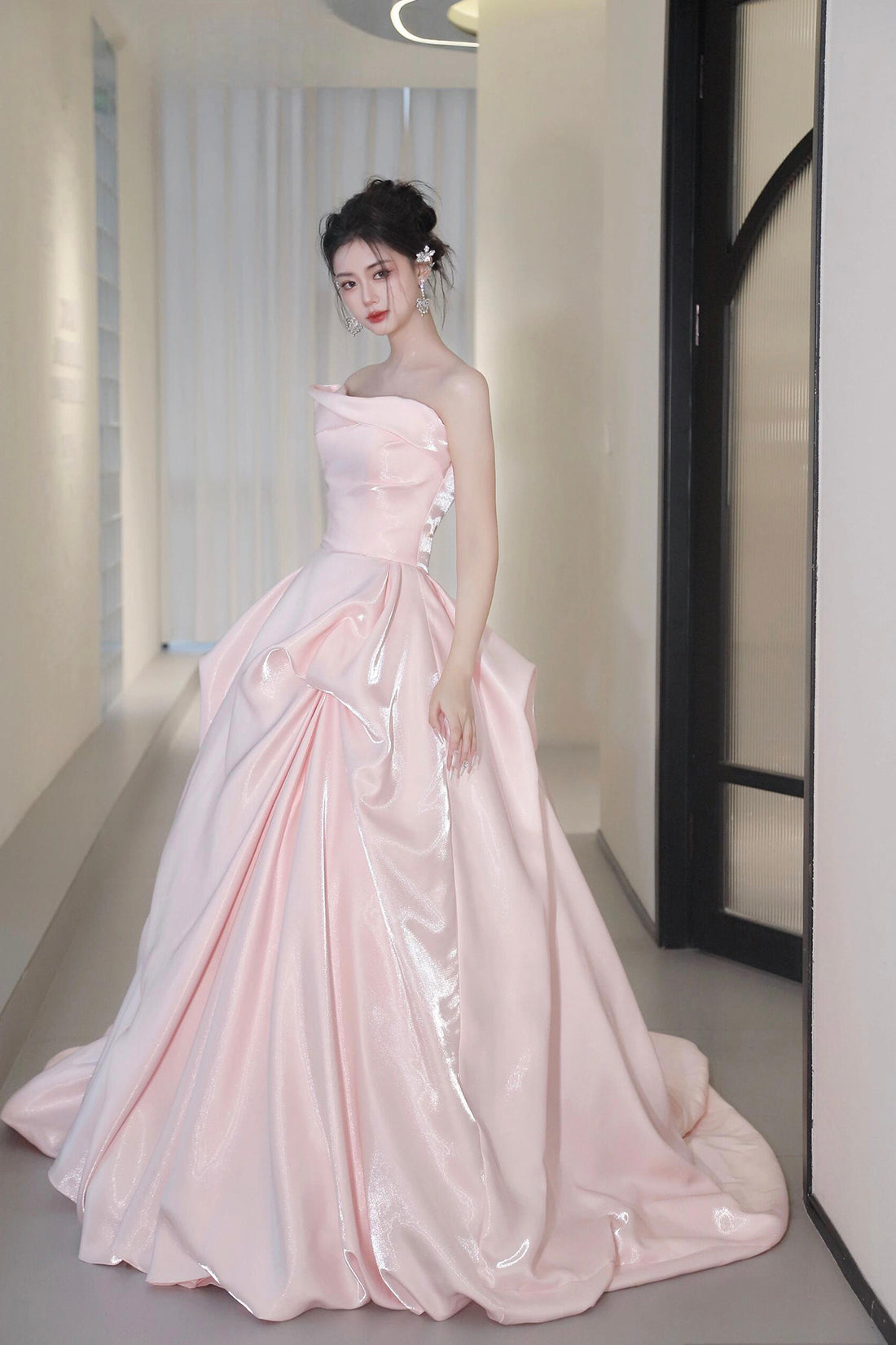 Pink Strapless Satin Long Prom Dress, Beautiful A-Line Party Dress