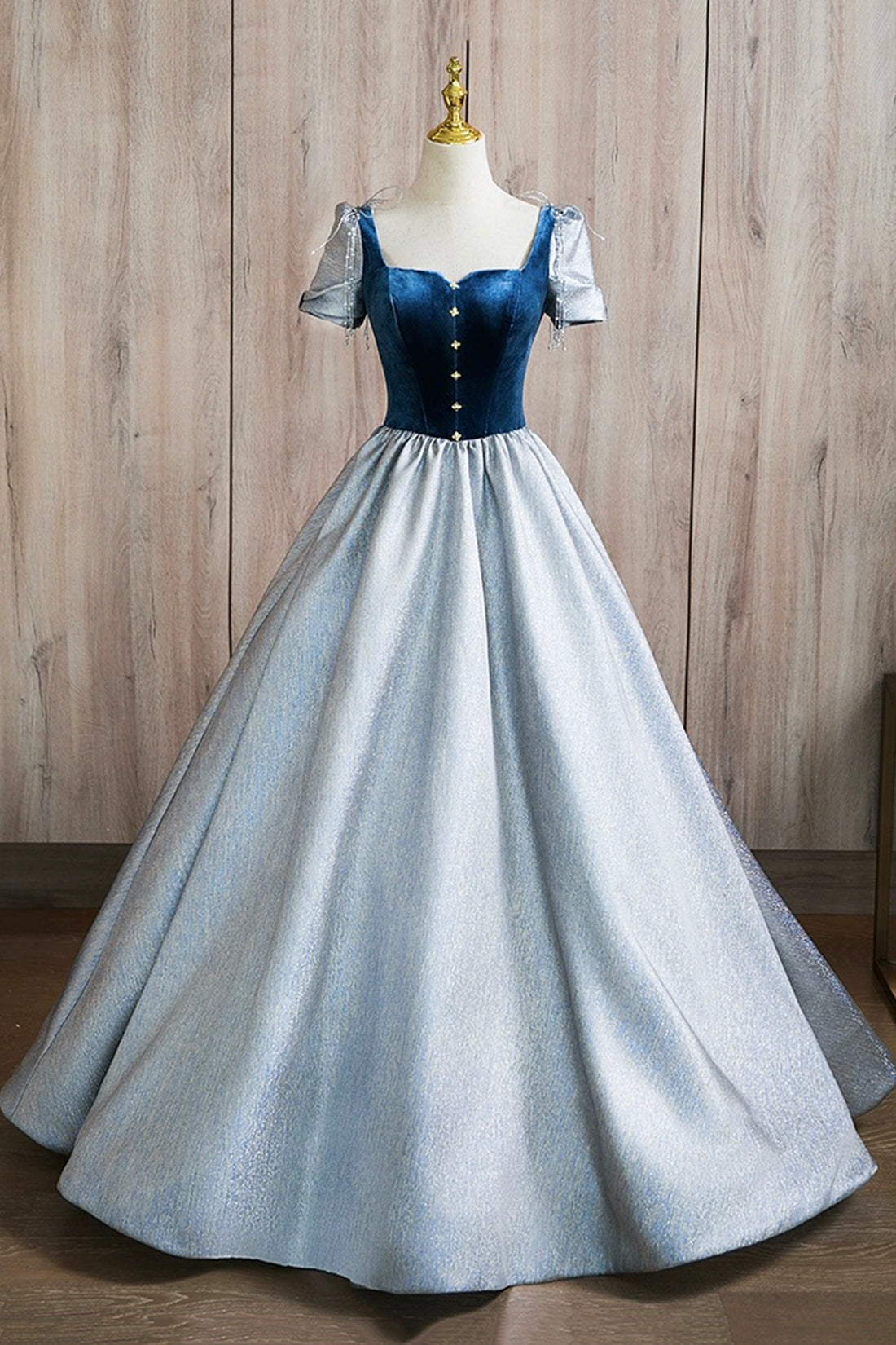 A-Line Square Neckline Floor Length Prom Dress, Blue Short Sleeve Even A-Line Square Neckline Floor Length Prom Dress, Blue Short Sleeve Even
