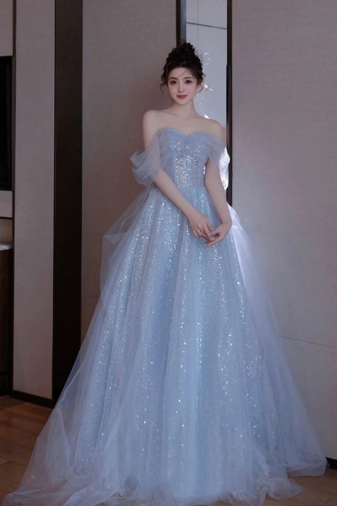 Light Blue Tulle Off Shoulder Party Dress, A-Line Sequins Blue Formal Light Blue Tulle Off Shoulder Party Dress, A-Line Sequins Blue Formal