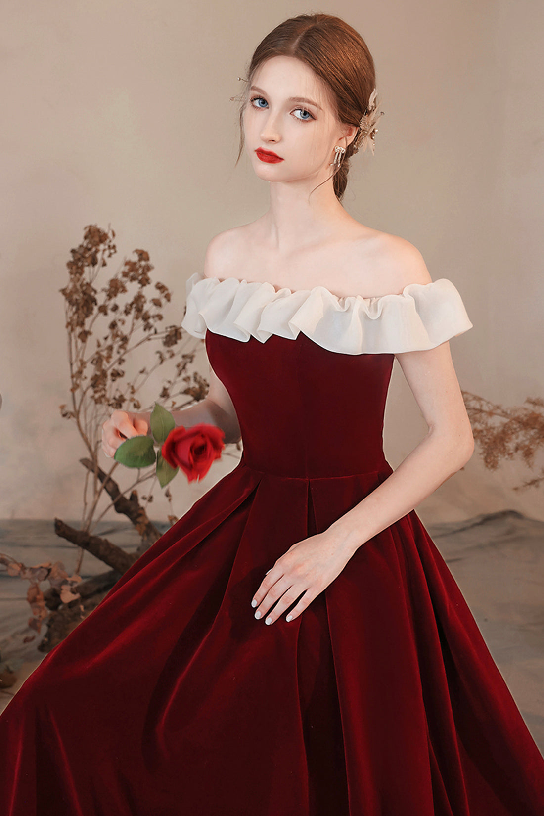 Burgundy Velvet Off Shoulder Long Prom Dress, Burgundy A Line Evening Dress