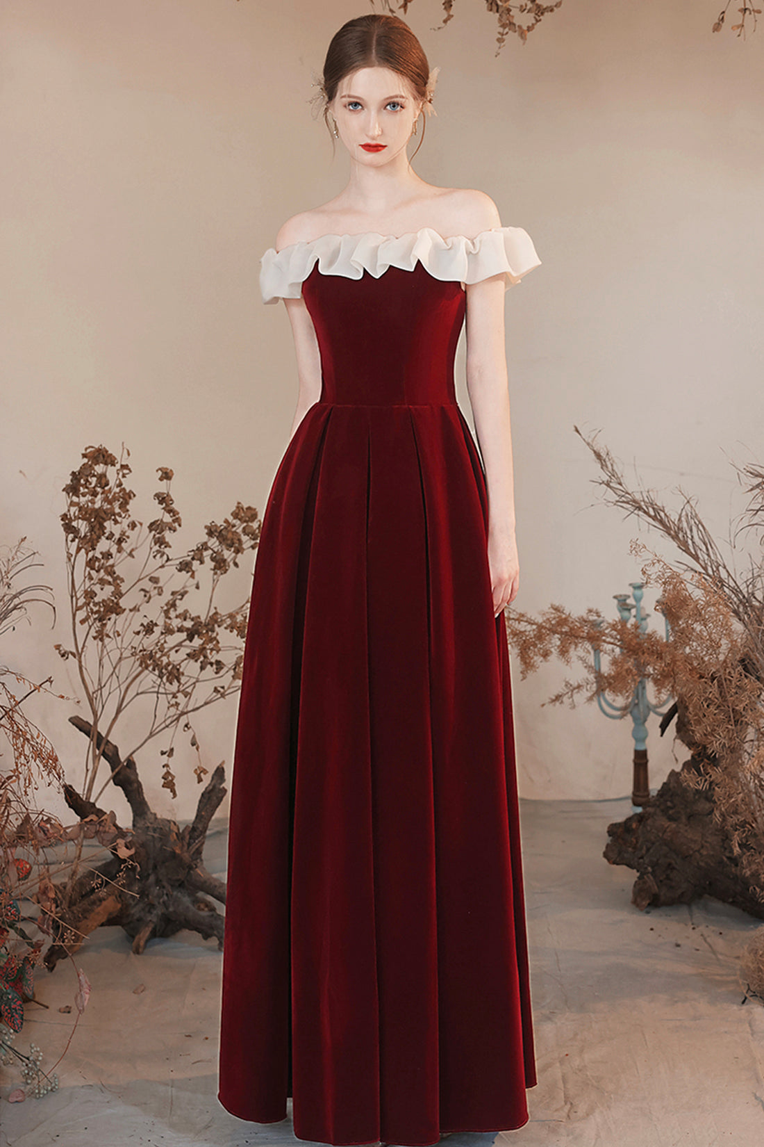Burgundy Velvet Off Shoulder Long Prom Dress, Burgundy A Line Evening Dress