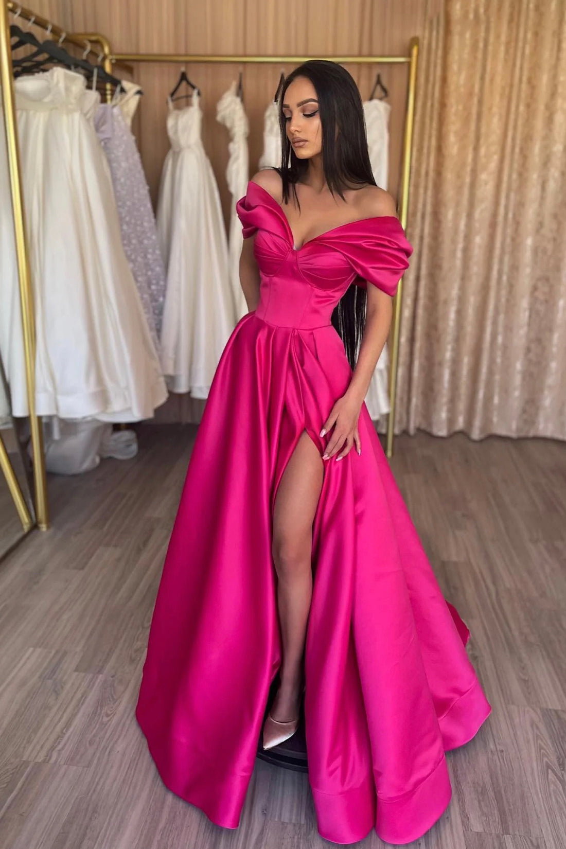 Satin Corset Hot Pink Long Prom Dress Tight Pink Prom Dress With