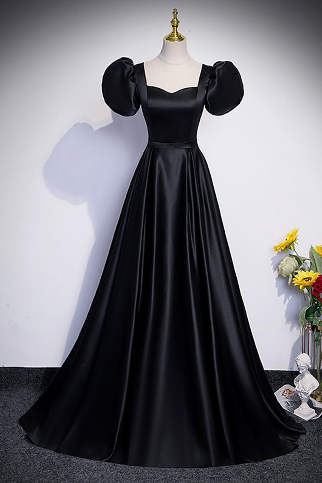 Black Satin Floor Length Prom Dress, Simple Black Short Sleeve Evening Black Satin Floor Length Prom Dress, Simple Black Short Sleeve Evening
