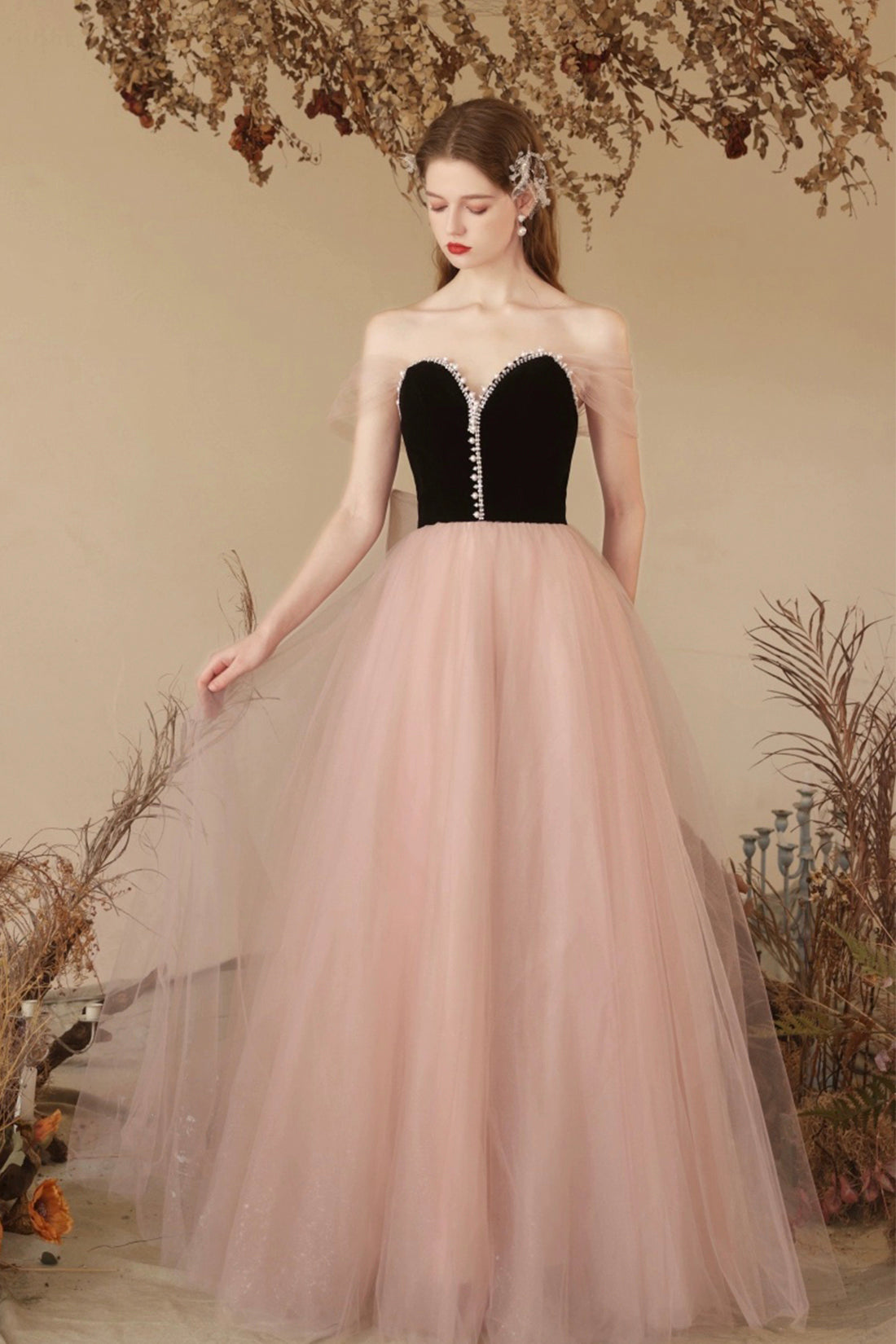 Black Velvet and Pink Tulle Long Prom Dress, Beautiful Sweetheart Neck Black Velvet and Pink Tulle Long Prom Dress, Beautiful Sweetheart Neck