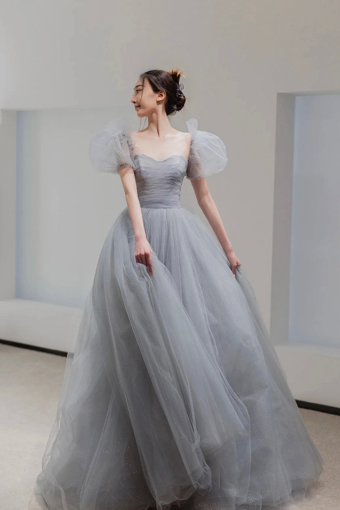 Gray Tulle Floor Length A-Line Prom Dress, Lovely Puff Sleeve Evening Gray Tulle Floor Length A-Line Prom Dress, Lovely Puff Sleeve Evening