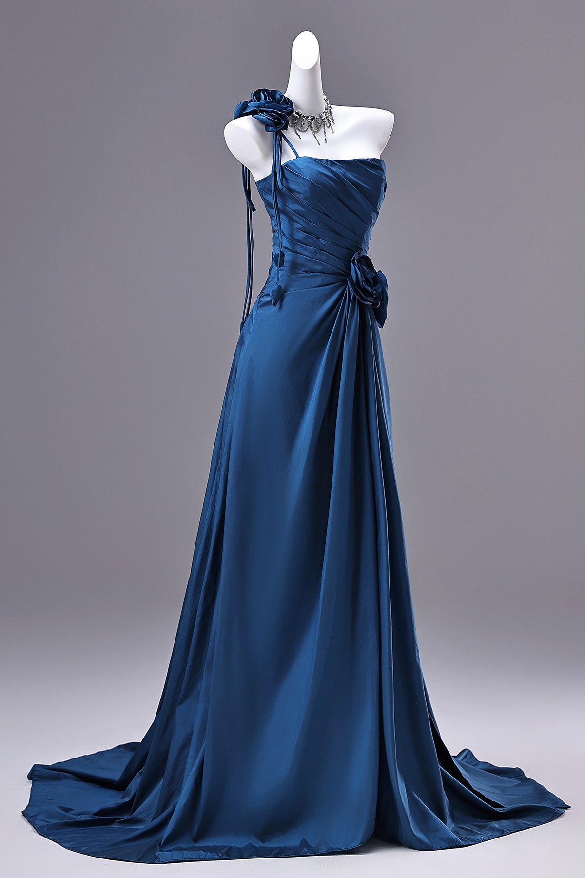 Luxury Navy Strapless Ball Gown | Floral Accent Taffeta Formal Dress for Gala