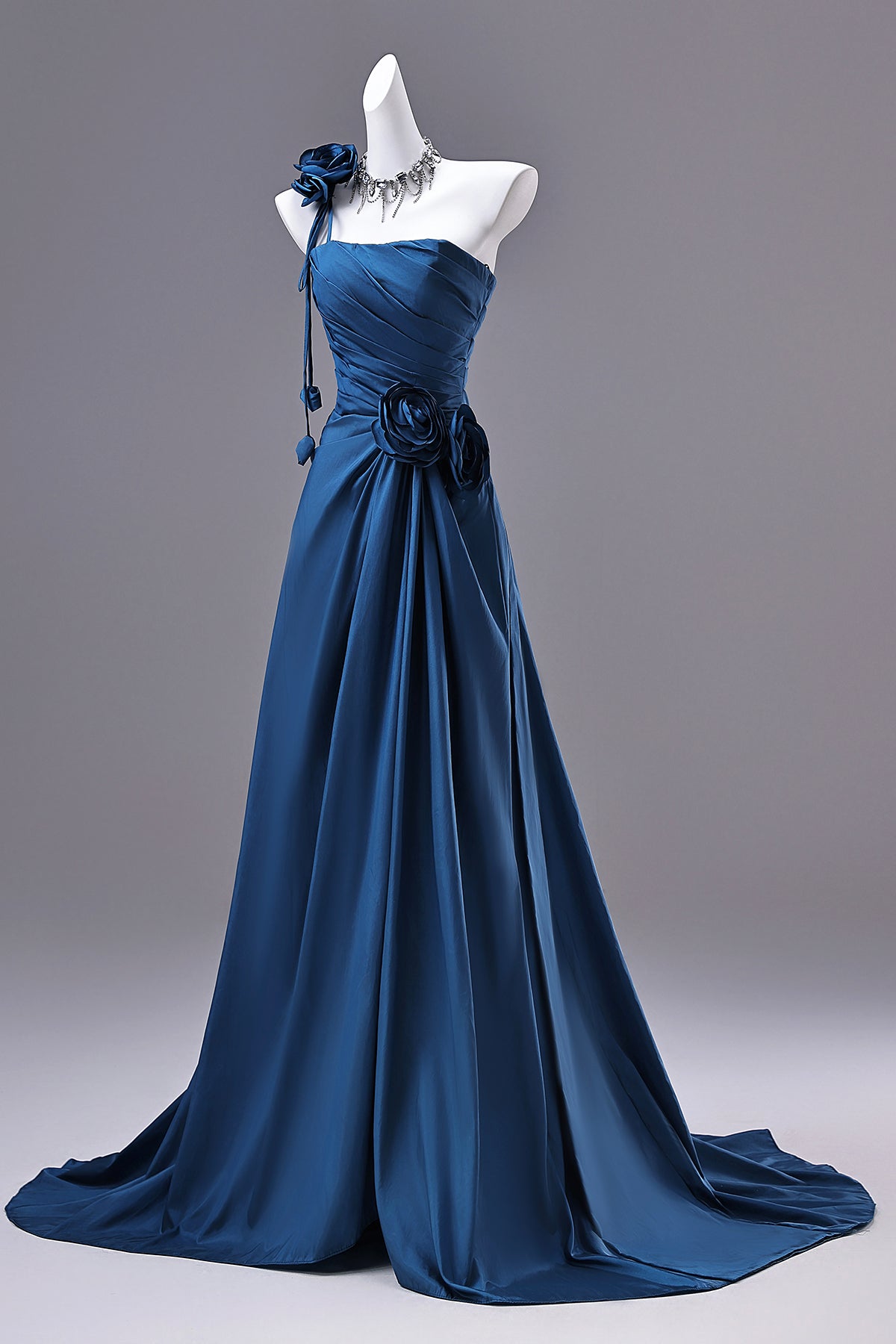 Luxury Navy Strapless Ball Gown | Floral Accent Taffeta Formal Dress for Gala