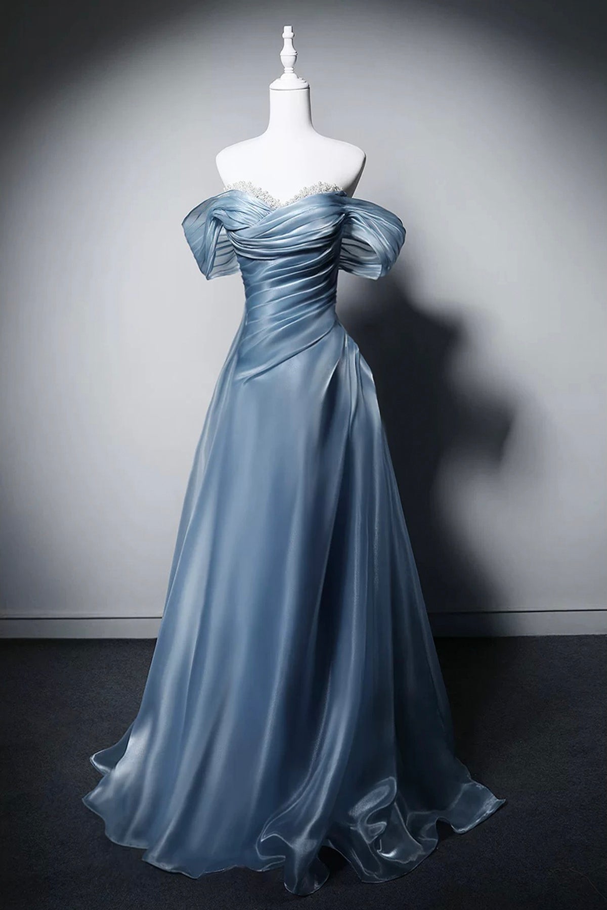 Dusty Blue Off-the-Shoulder Evening Gown, A-Line Off the Shoulder Party Dress