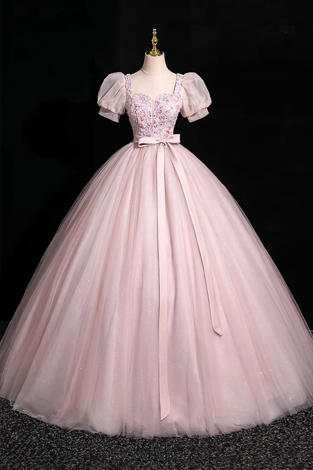 Pink Tulle Floral Floor Length Prom Dress, A-Line Short Sleeve Evening