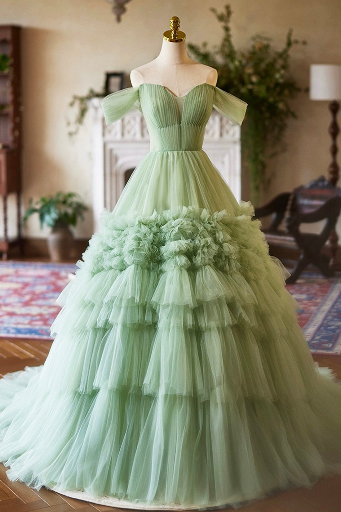 Green Off the Shoulder Tulle Layers Long Formal Dress, Green Evening P Green Off the Shoulder Tulle Layers Long Formal Dress, Green Evening P