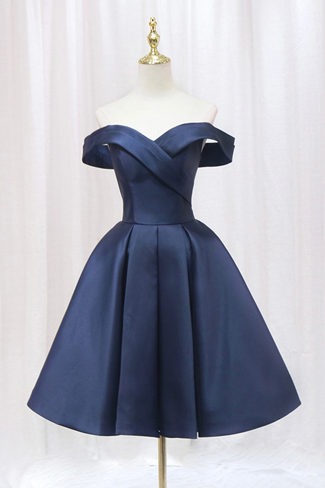 Blue Knee Length Satin Short Prom Dress, Off the Shoulder Blue Homecom Blue Knee Length Satin Short Prom Dress, Off the Shoulder Blue Homecom