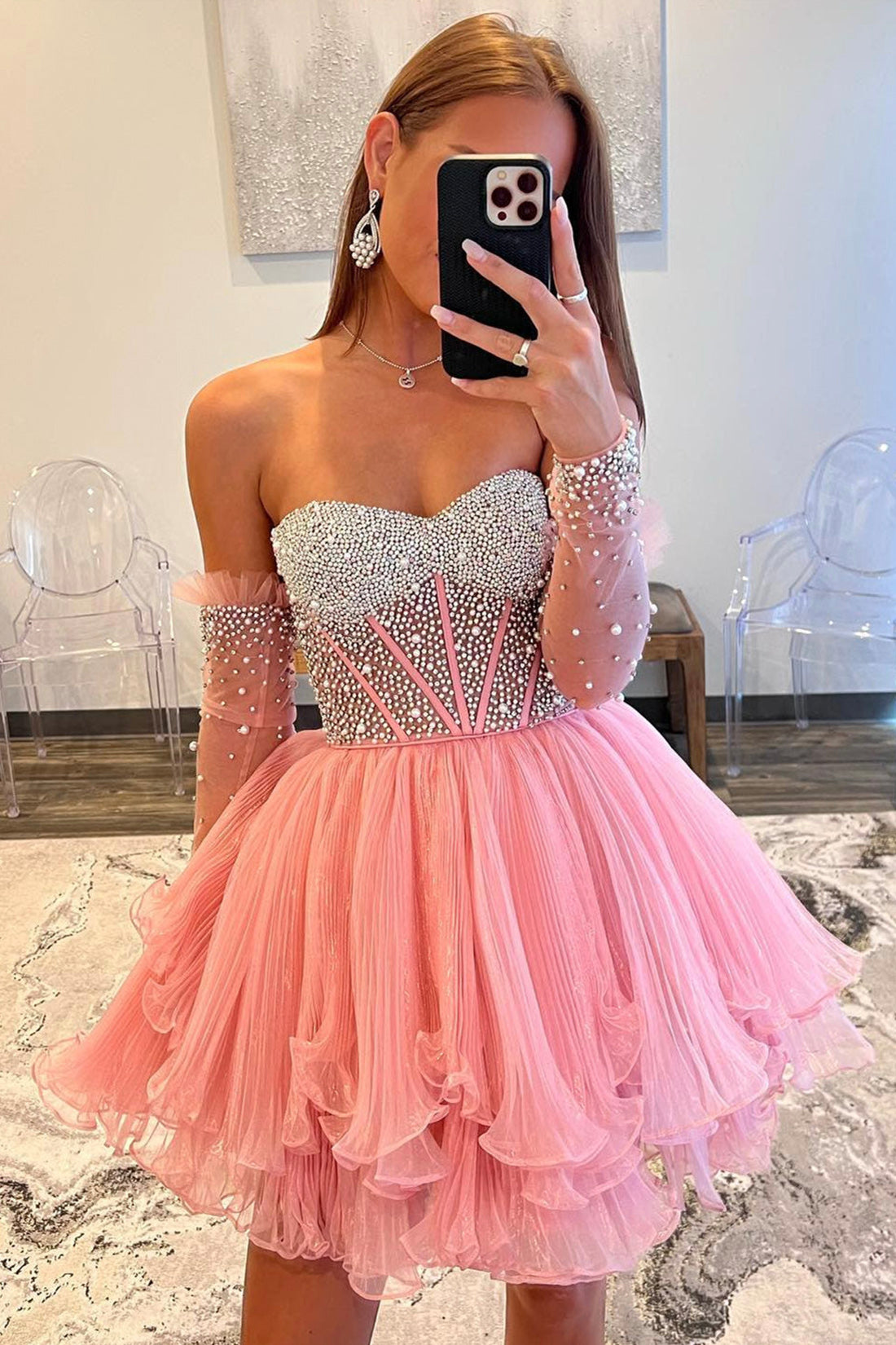 A-Line Sweetheart Beads Pink Long Sleeves Party Dress, Cute Homecoming A-Line Sweetheart Beads Pink Long Sleeves Party Dress, Cute Homecoming