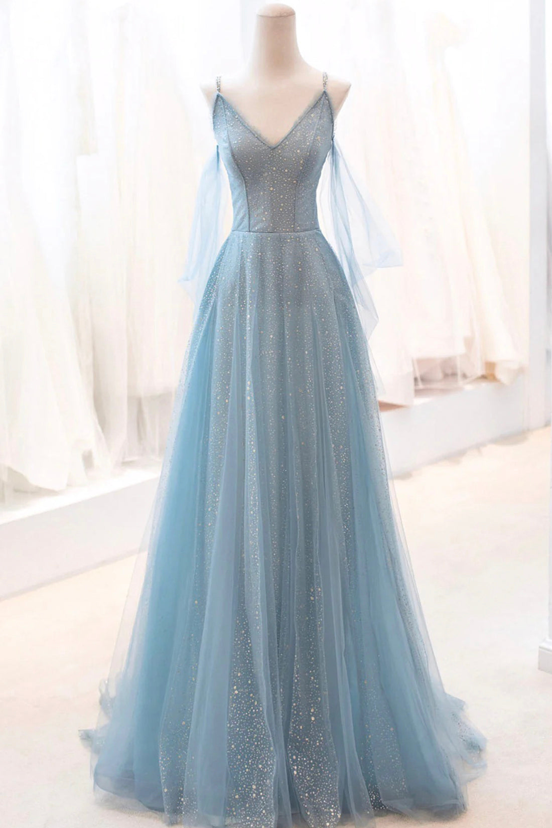 Dusty Blue Sparkly Tulle Long Prom Dress, A-Line Spaghetti Strap Eveni Dusty Blue Sparkly Tulle Long Prom Dress, A-Line Spaghetti Strap Eveni