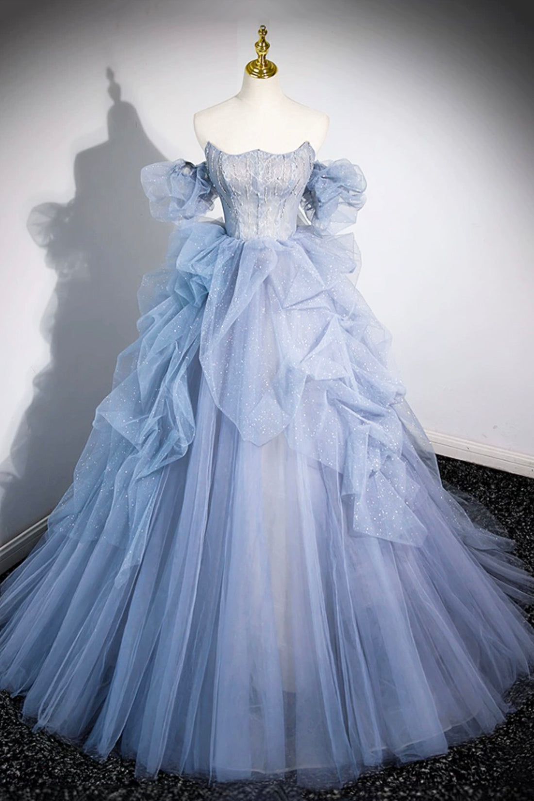 Blue Cascading Ruffles Long Prom Dresses, A-Line Strapless Short Sleev Blue Cascading Ruffles Long Prom Dresses, A-Line Strapless Short Sleev