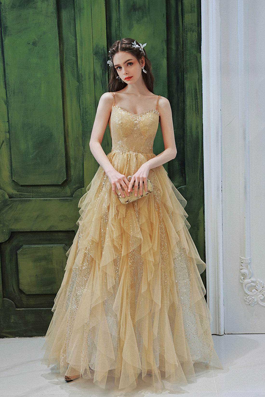 Champagne Tulle Spaghetti Strap Long Prom Dress, Shiny Tulle Evening Party Dress US 16 / Picture Color