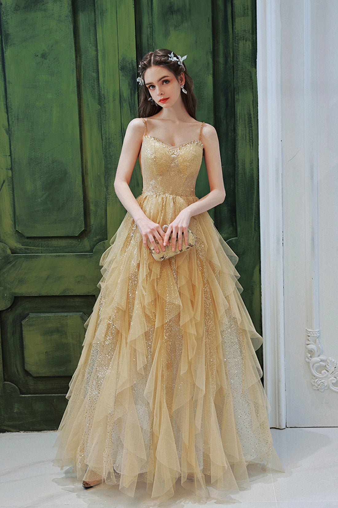 Champagne Tulle Spaghetti Strap Long Prom Dress, Shiny Tulle Evening P Champagne Tulle Spaghetti Strap Long Prom Dress, Shiny Tulle Evening P