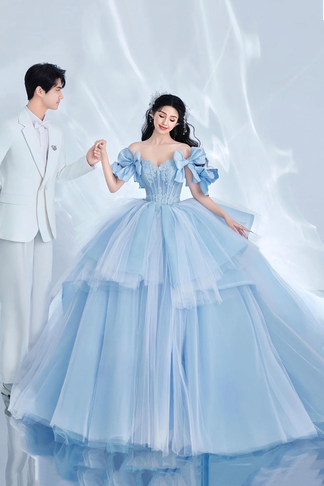 Gorgeous Blue Tulle Long Ball Gown with Bow, Off the Shoulder Lace Formal Dress