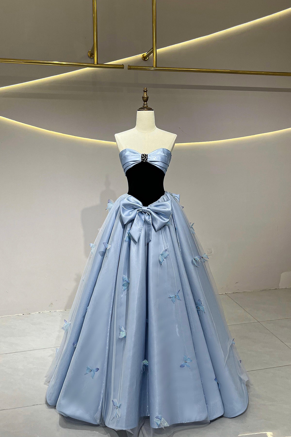 Black Velvet and Blue Satin Long Prom Dress, A-Line Strapless Party Dress