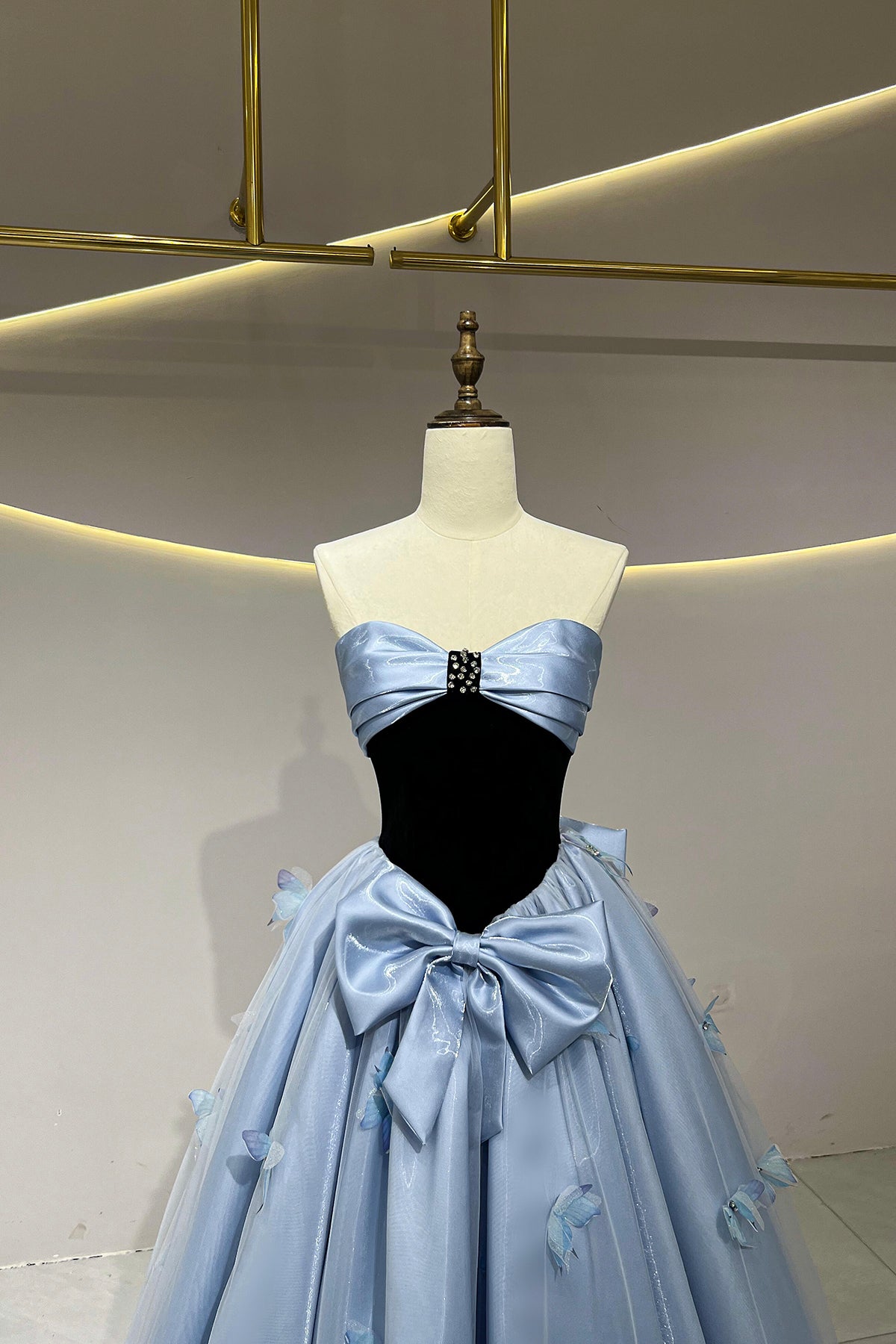 Black Velvet and Blue Satin Long Prom Dress, A-Line Strapless Party Dress