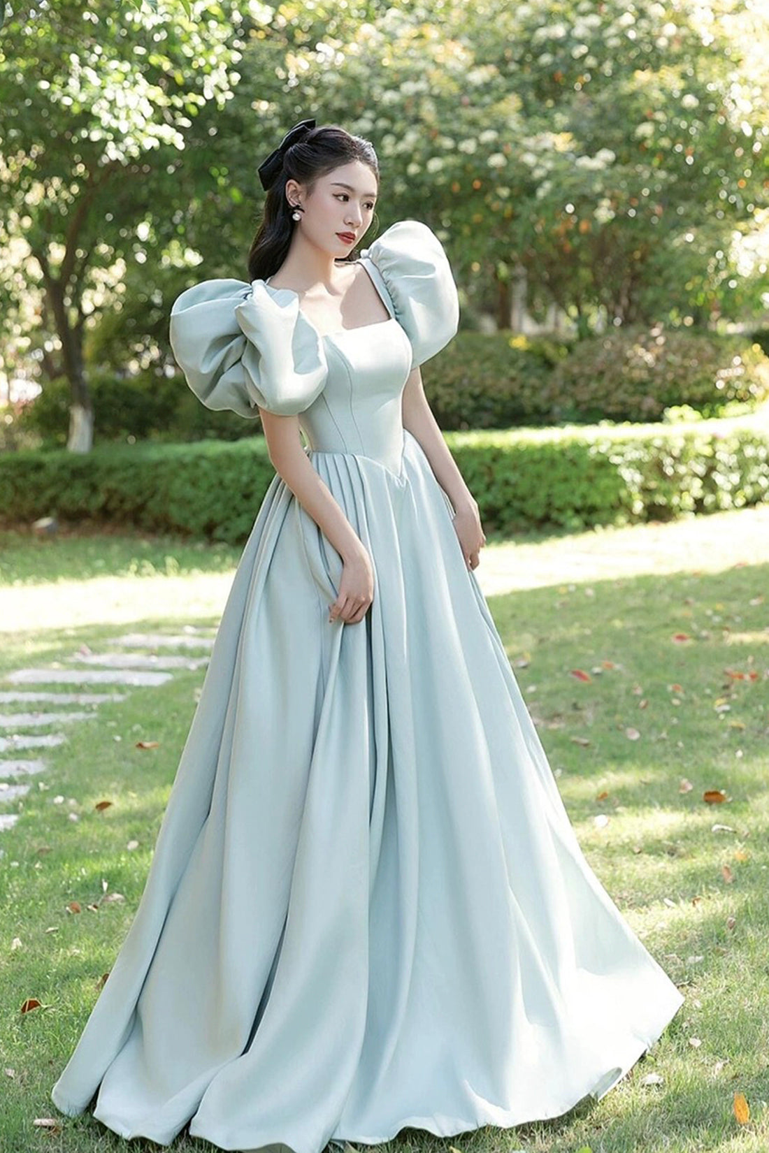 Light Green Satin Long A-Line Princess Dress, Cute Short Puff Sleeves