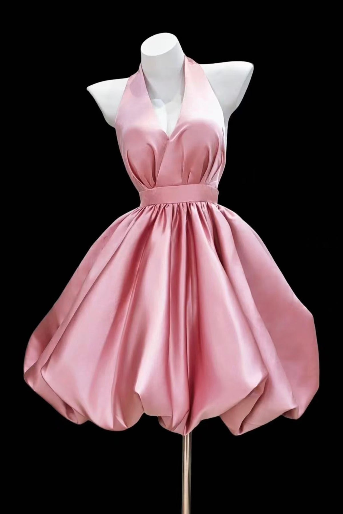 Pink Satin Halter Backless Mini Dress - Elegant Party dress with Puffy Skirt