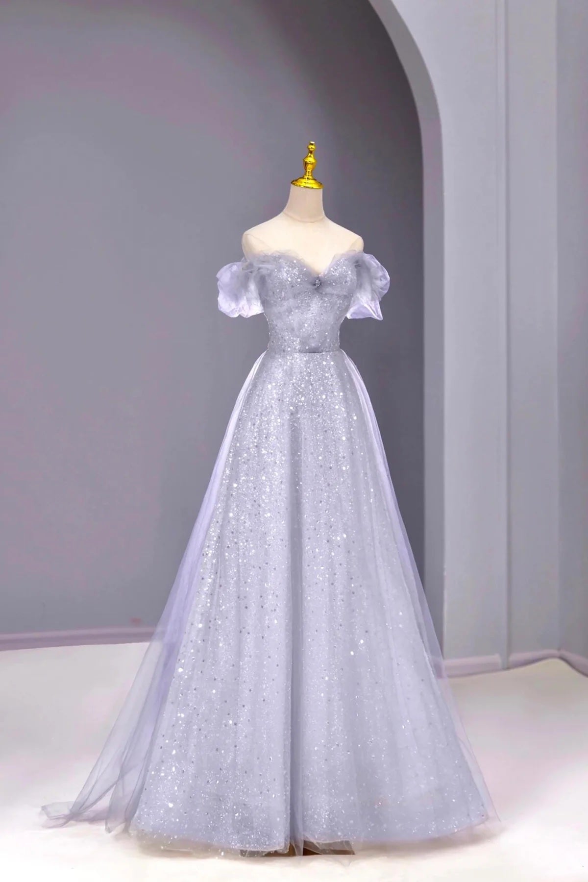 Beautiful Tulle Sequins Long Prom Dress, Gray Off the Shoulder Party Dress