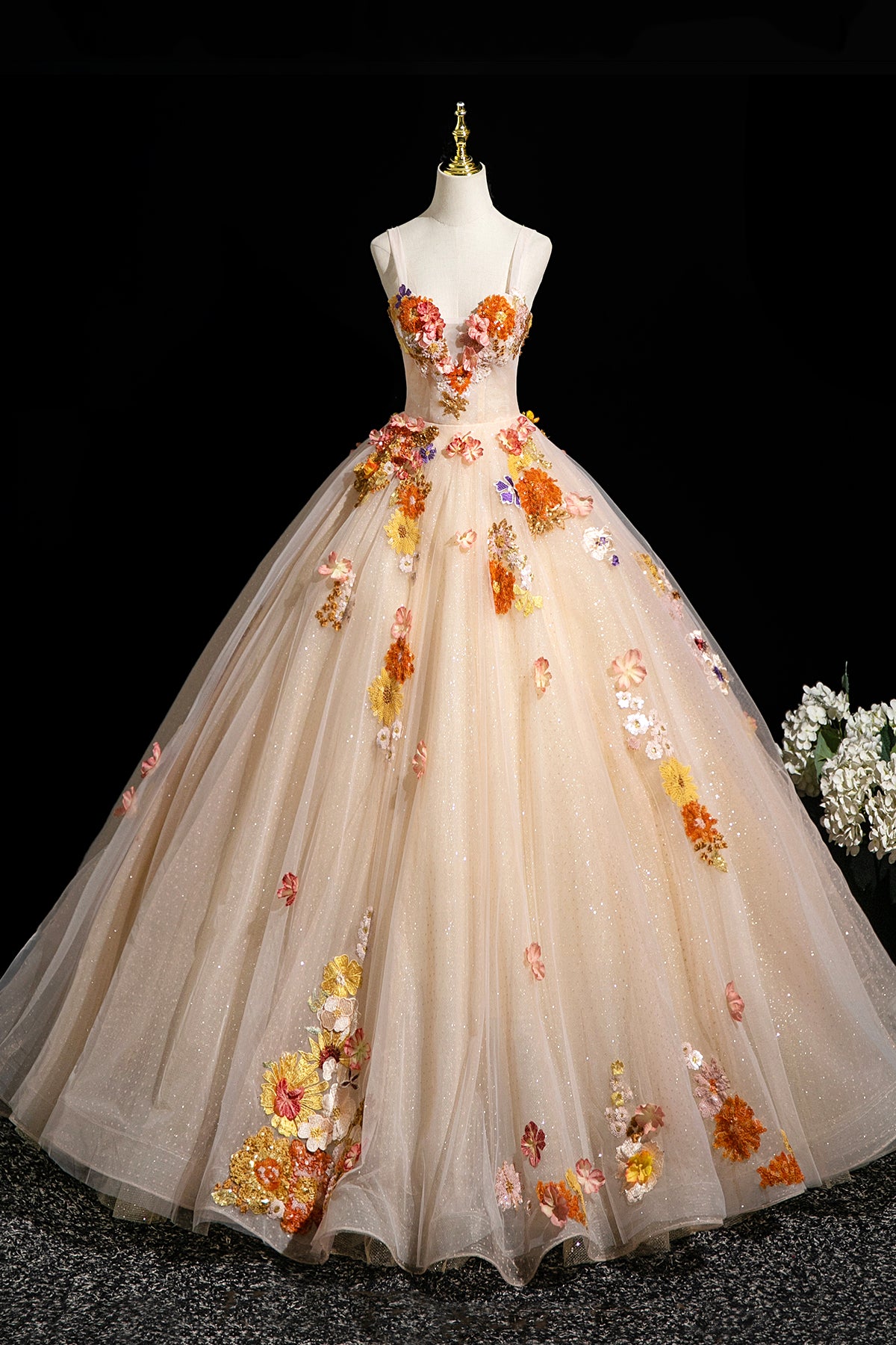 Champagne Tulle Sequins Long Prom Dress, Beautiful A-Line Evening Party Dress