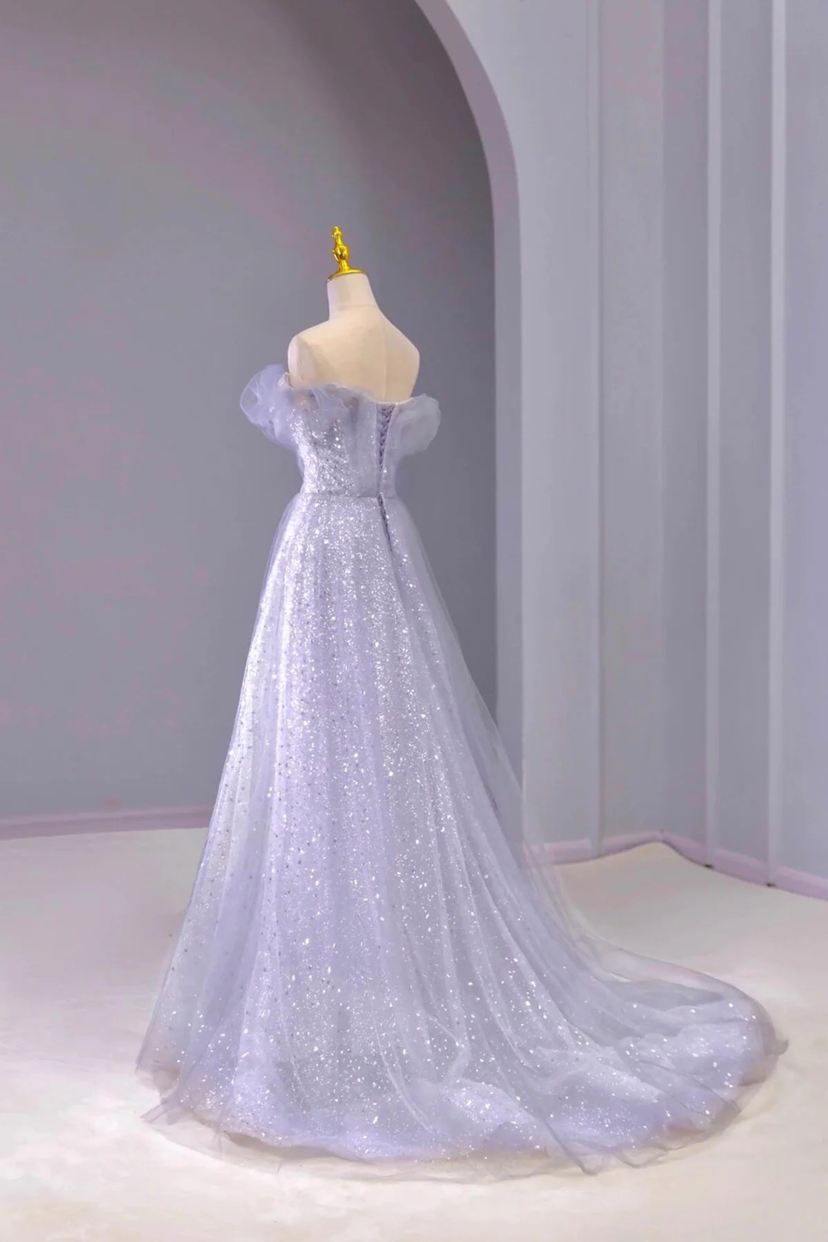 Beautiful Tulle Sequins Long Prom Dress, Gray Off the Shoulder Party Dress