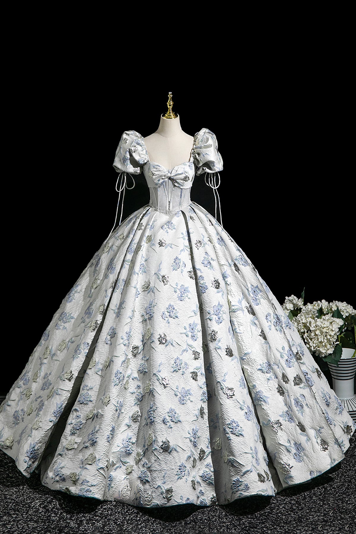 Elegant Floral Pattern Floor Length Prom Dress, A-Line Short Sleeve Party Dress