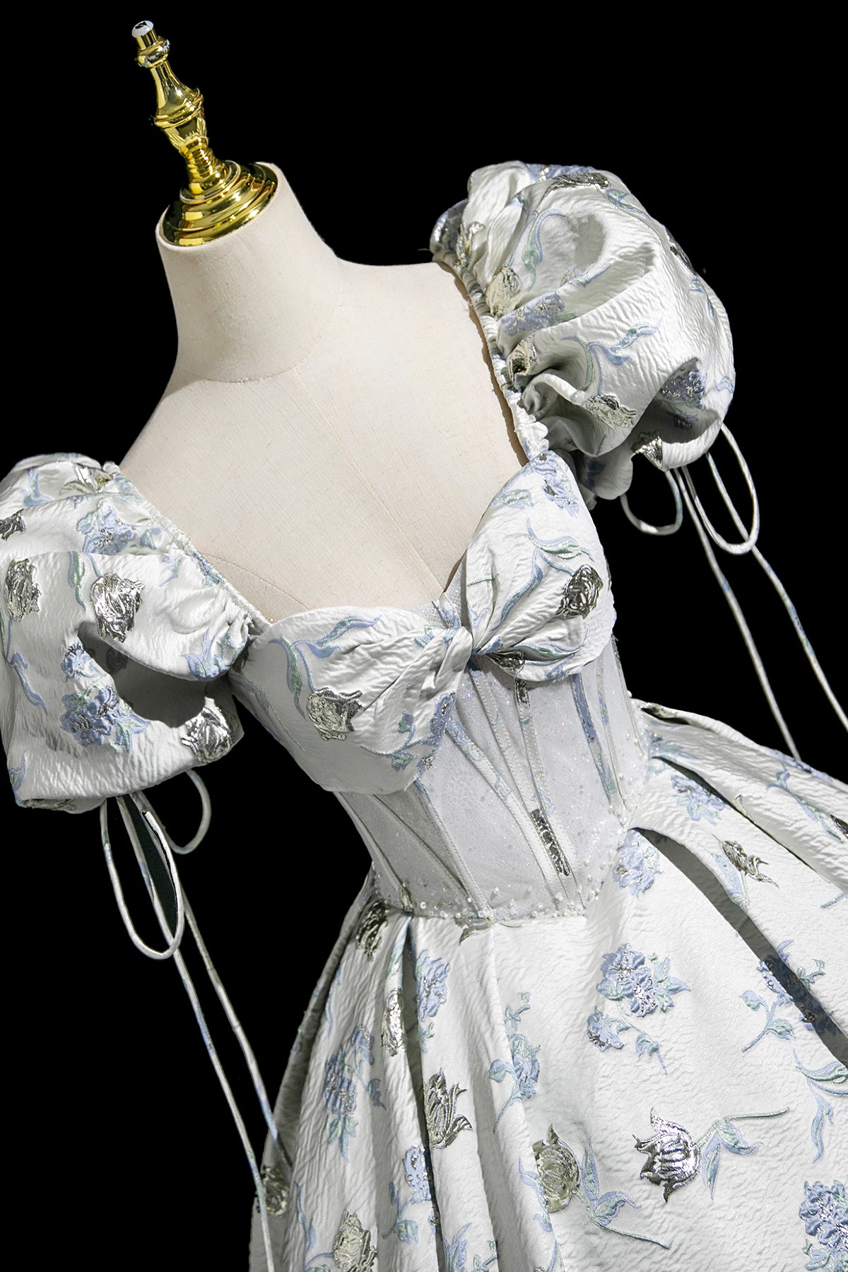 Elegant Floral Pattern Floor Length Prom Dress, A-Line Short Sleeve Party Dress