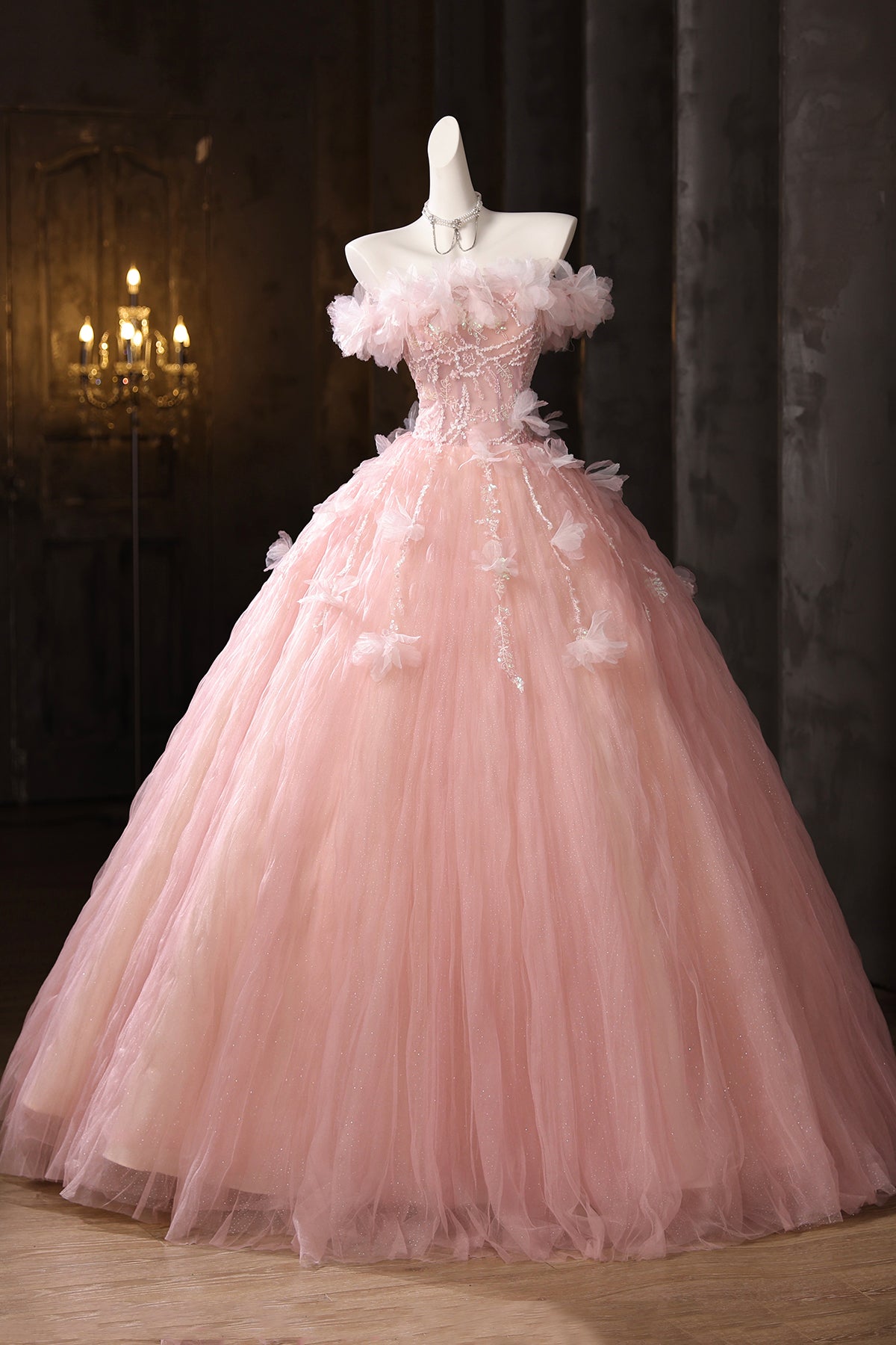 strapless open back dress Pink Tulle Lace Long Prom Dress, Beautiful A-Line Evening Party Dress