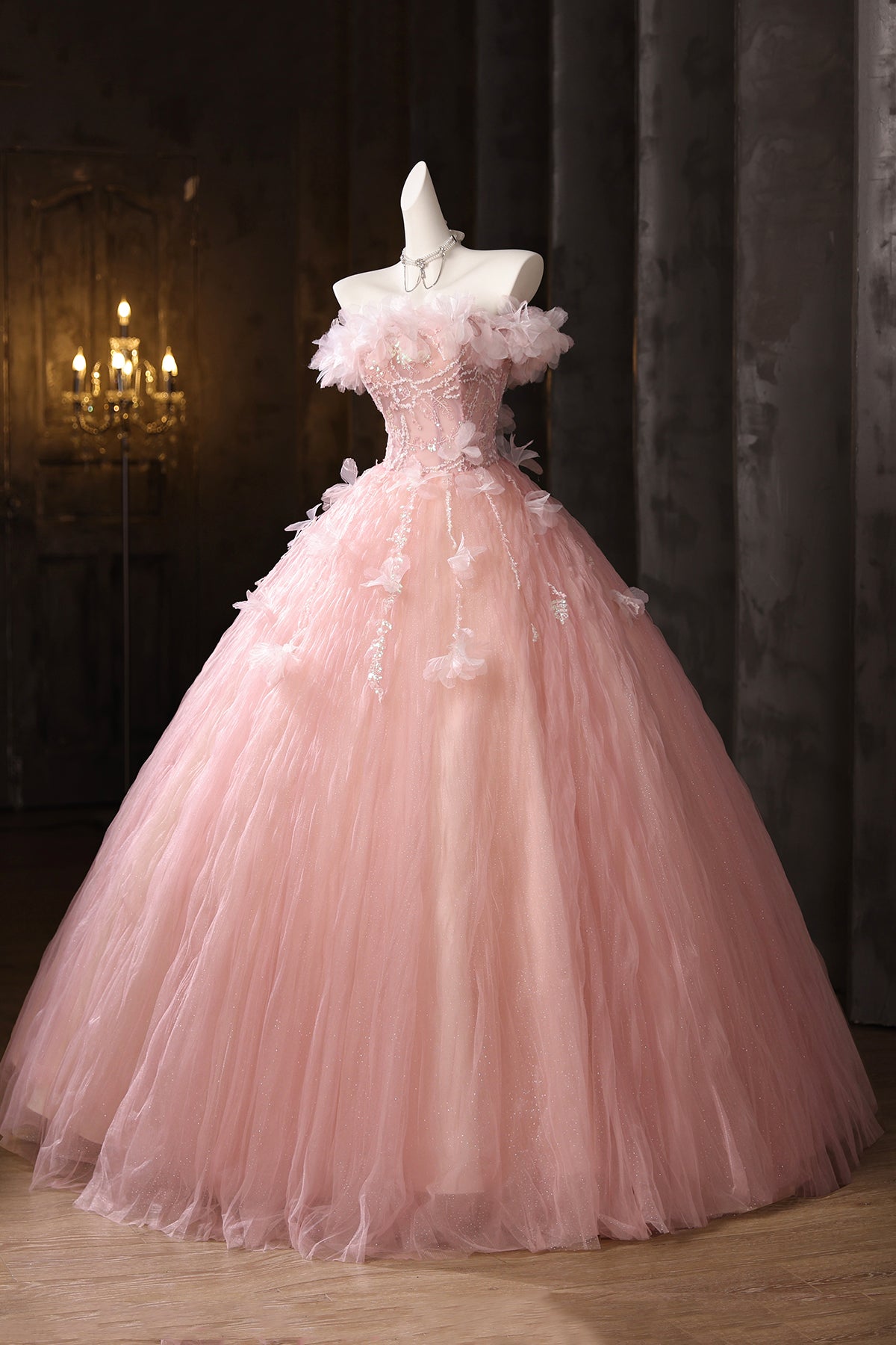 Pink Tulle Lace Long Prom Dress, Beautiful A-Line Evening Party Dress