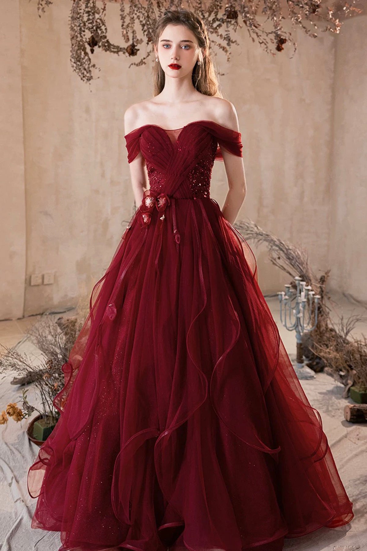 Burgundy Tulle Long Prom Dress, Lovely A-Line Off the Shoulder Party Dress
