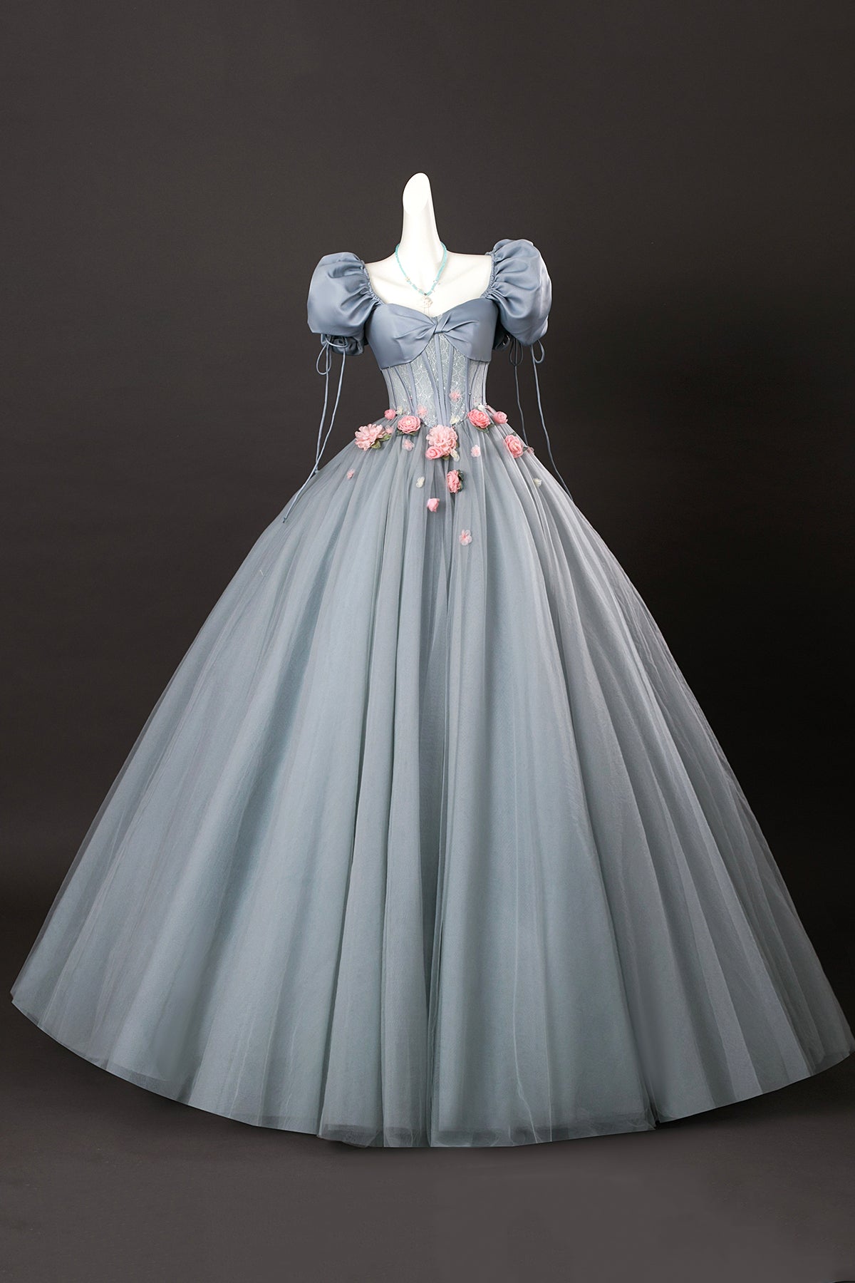 Gray Tulle Flowers Long Prom Dress with Corset, Beautiful A-Line Formal Dress