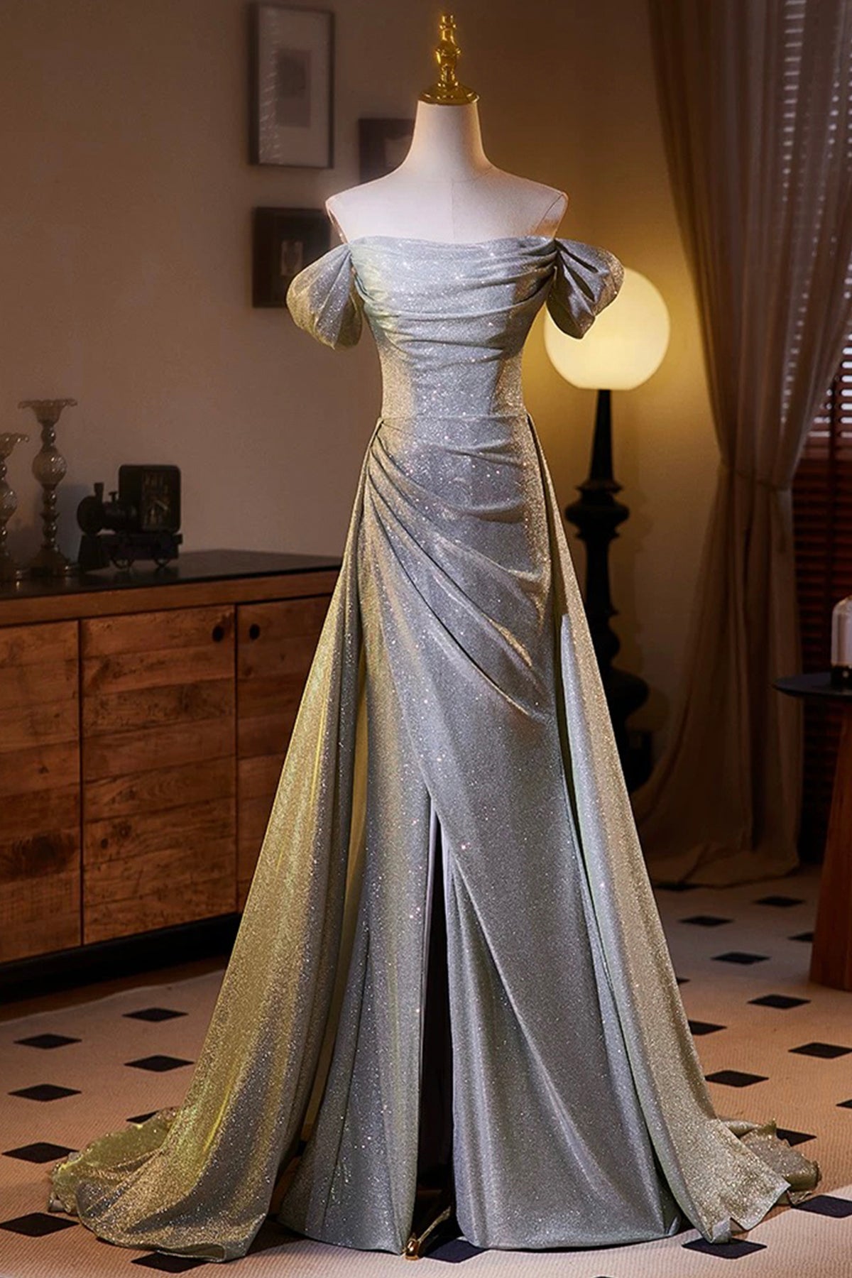 Sparkly Gray Sequins Split Front Prom Dress, Off the Shoulder Sweep Train Formal Dress