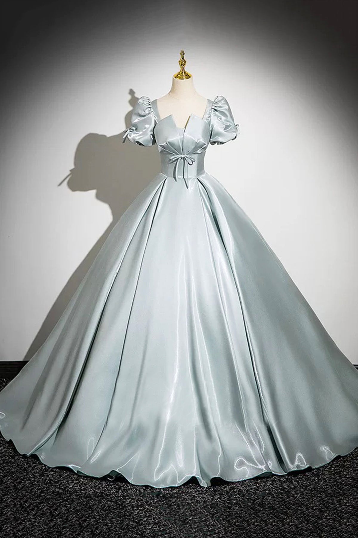 Gray Green Satin Long Prom Dress, A-Line Short Sleeve Evening Party Dress