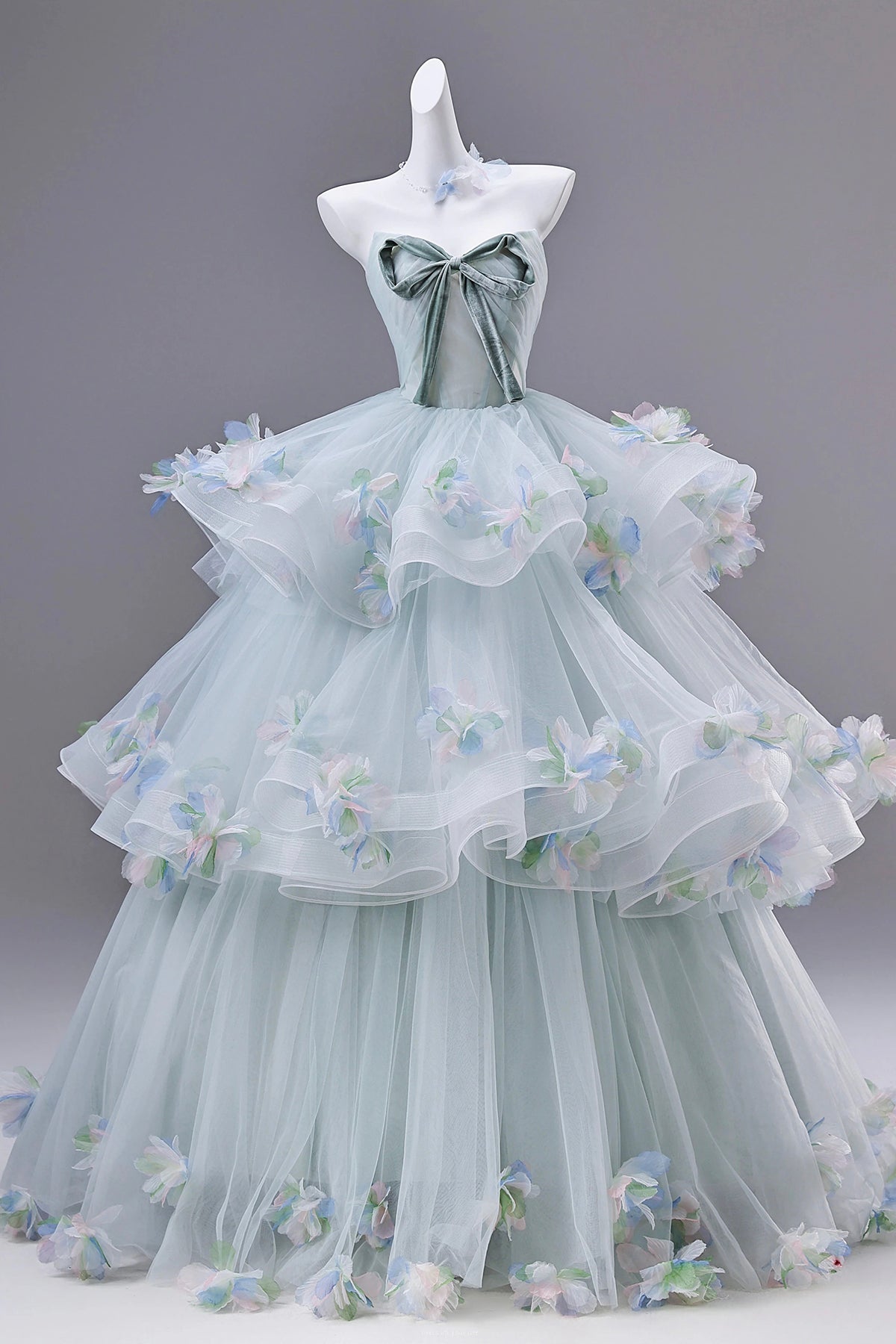 Whimsical Light Blue-Green Strapless Evening Gown with 3D Flower Appliqués