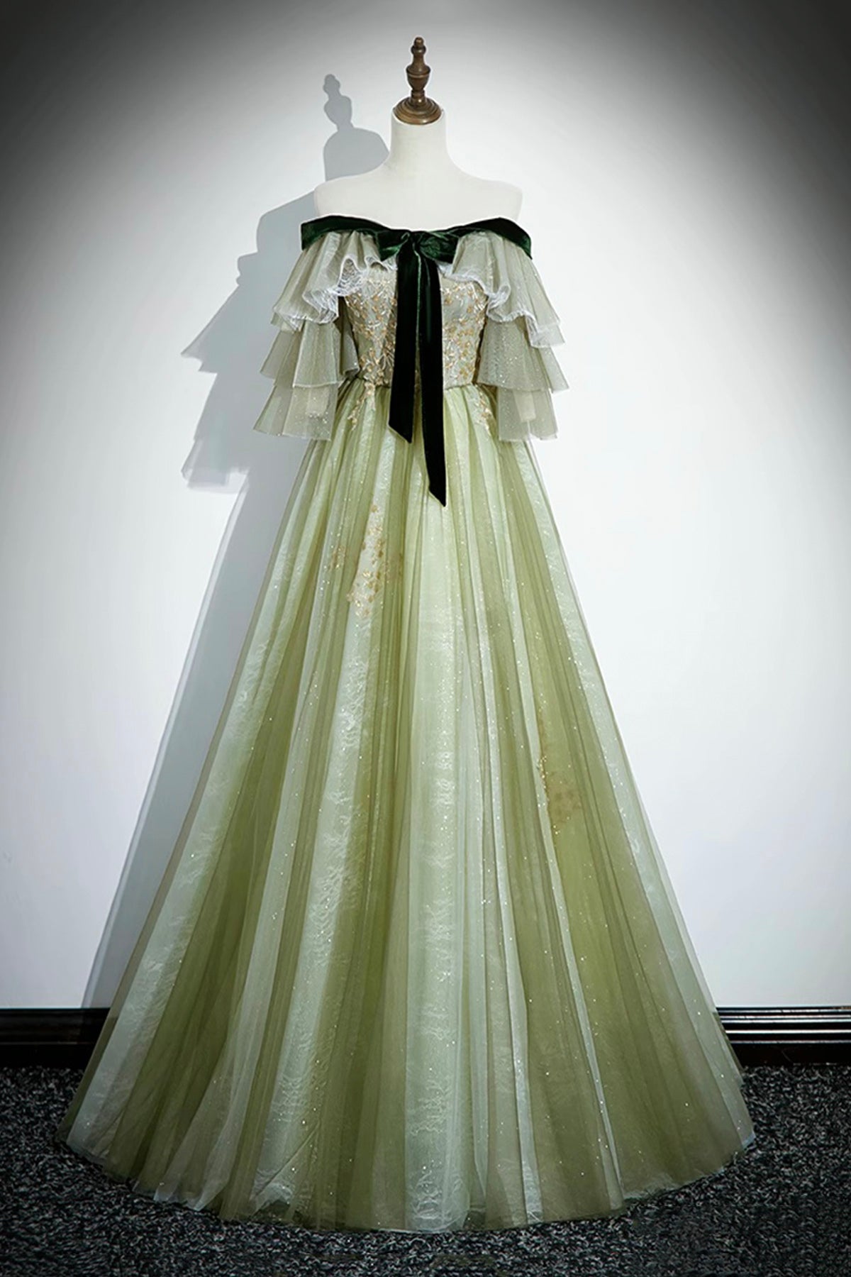 Green Tulle Sequins Long Prom Dress, Off the Shoulder A-Line Evening Dress
