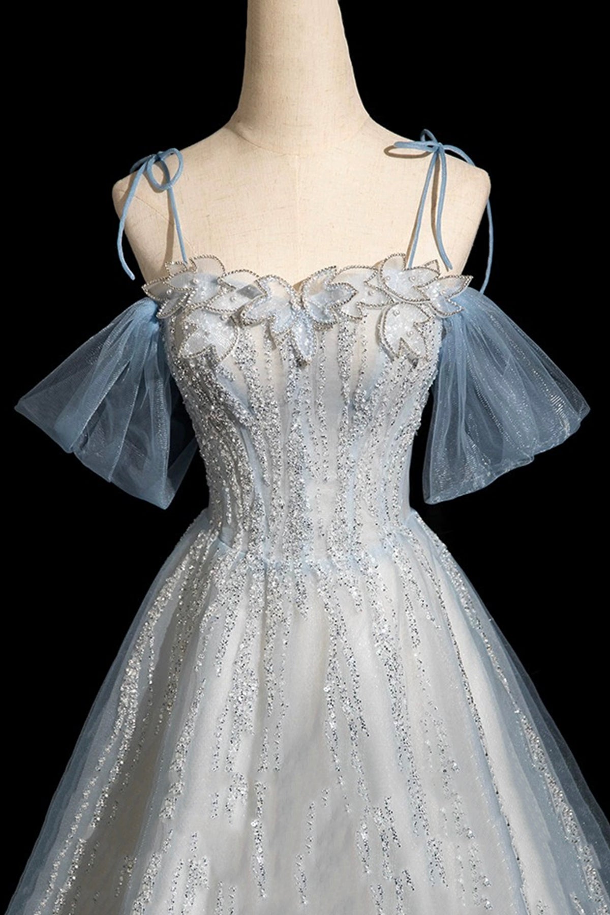 Blue Tulle Sequins Long Prom Dress, Shiny A-Line Party Dress