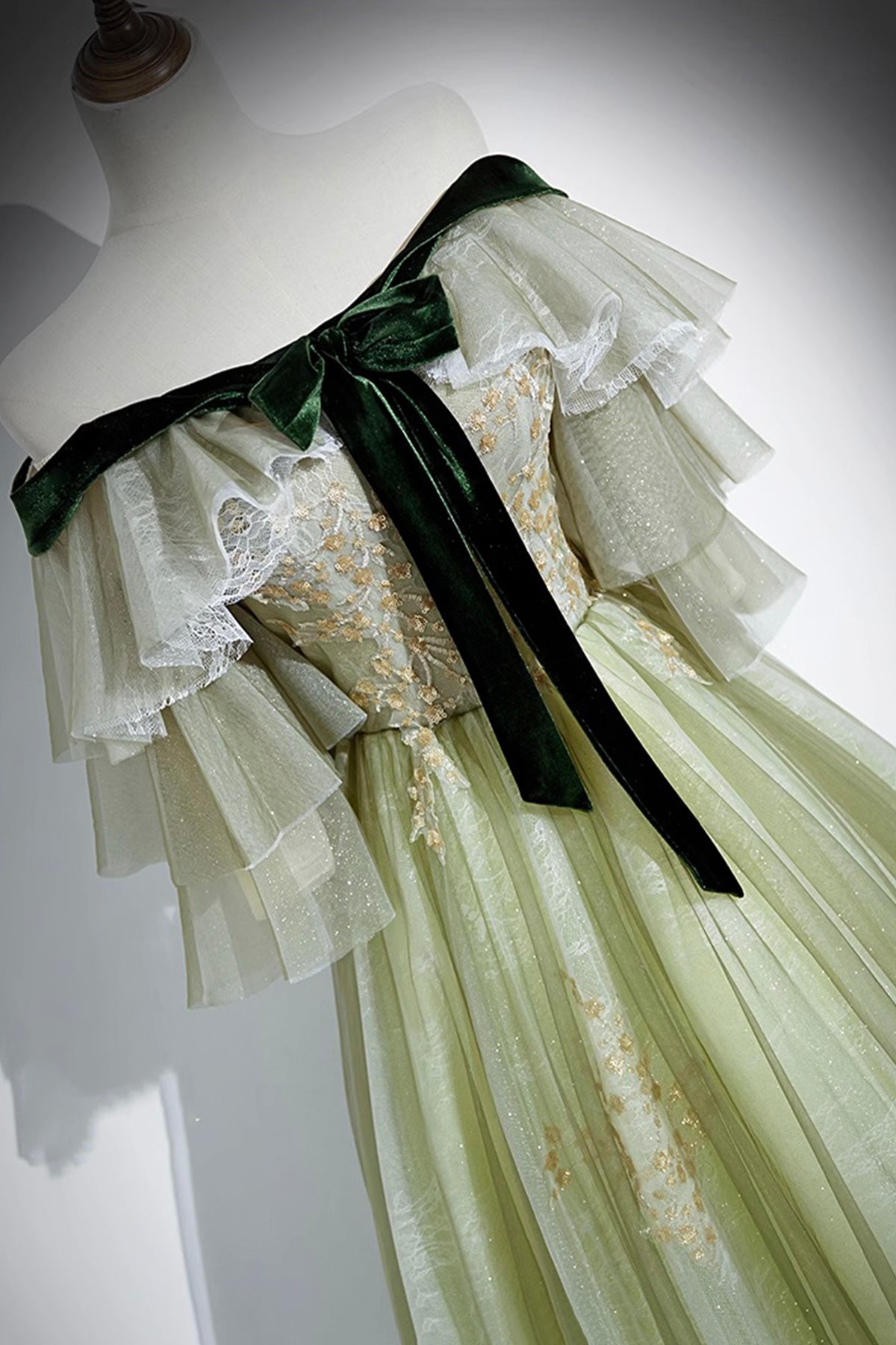 Green Tulle Sequins Long Prom Dress, Off the Shoulder A-Line Evening Dress