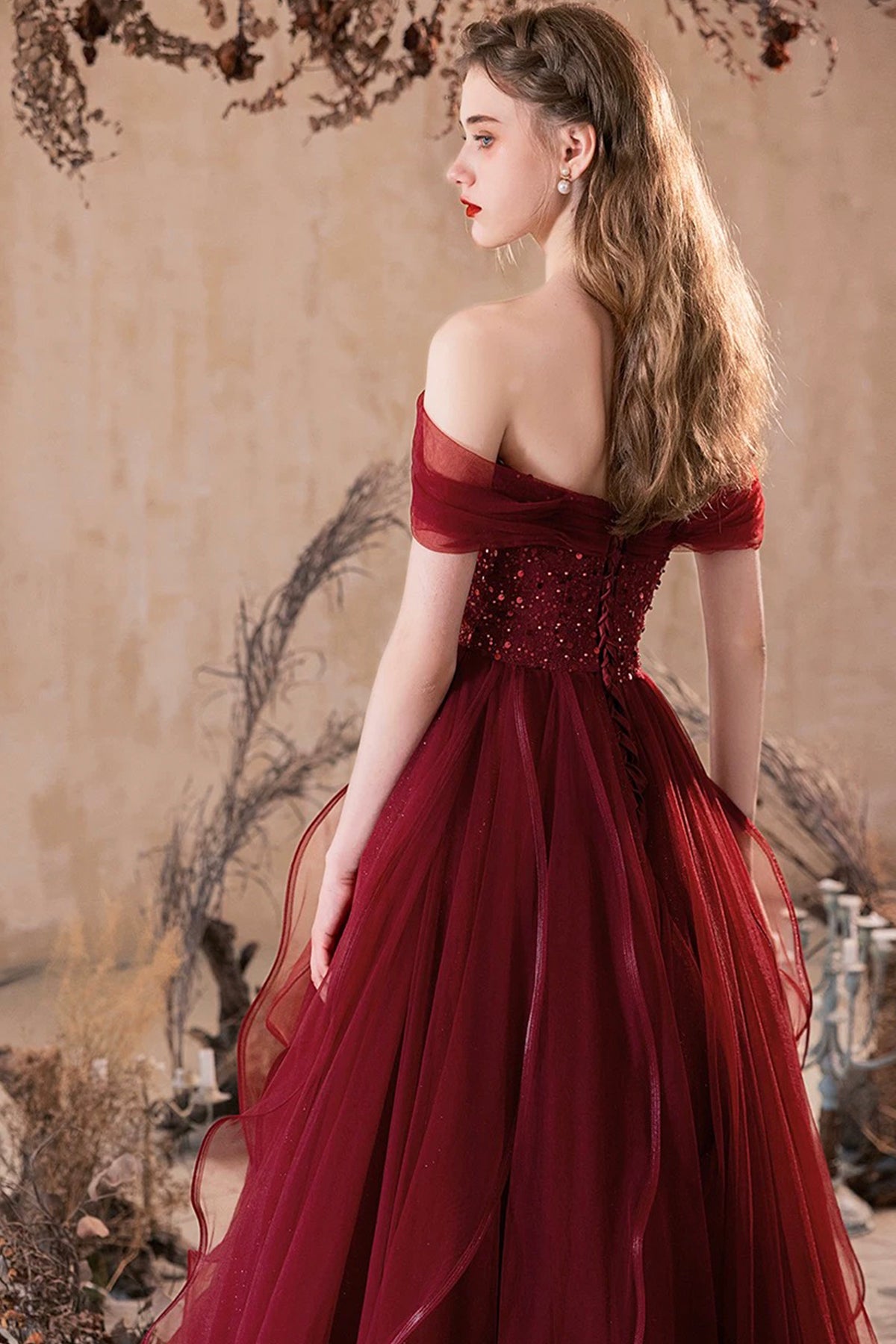 Burgundy Tulle Long Prom Dress, Lovely A-Line Off the Shoulder Party Dress