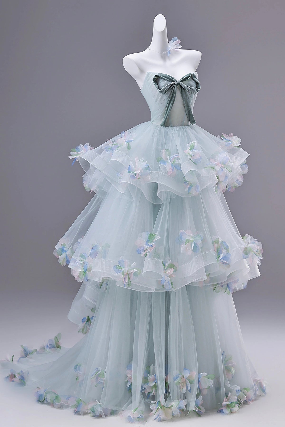 Whimsical Light Blue-Green Strapless Evening Gown with 3D Flower Appliqués