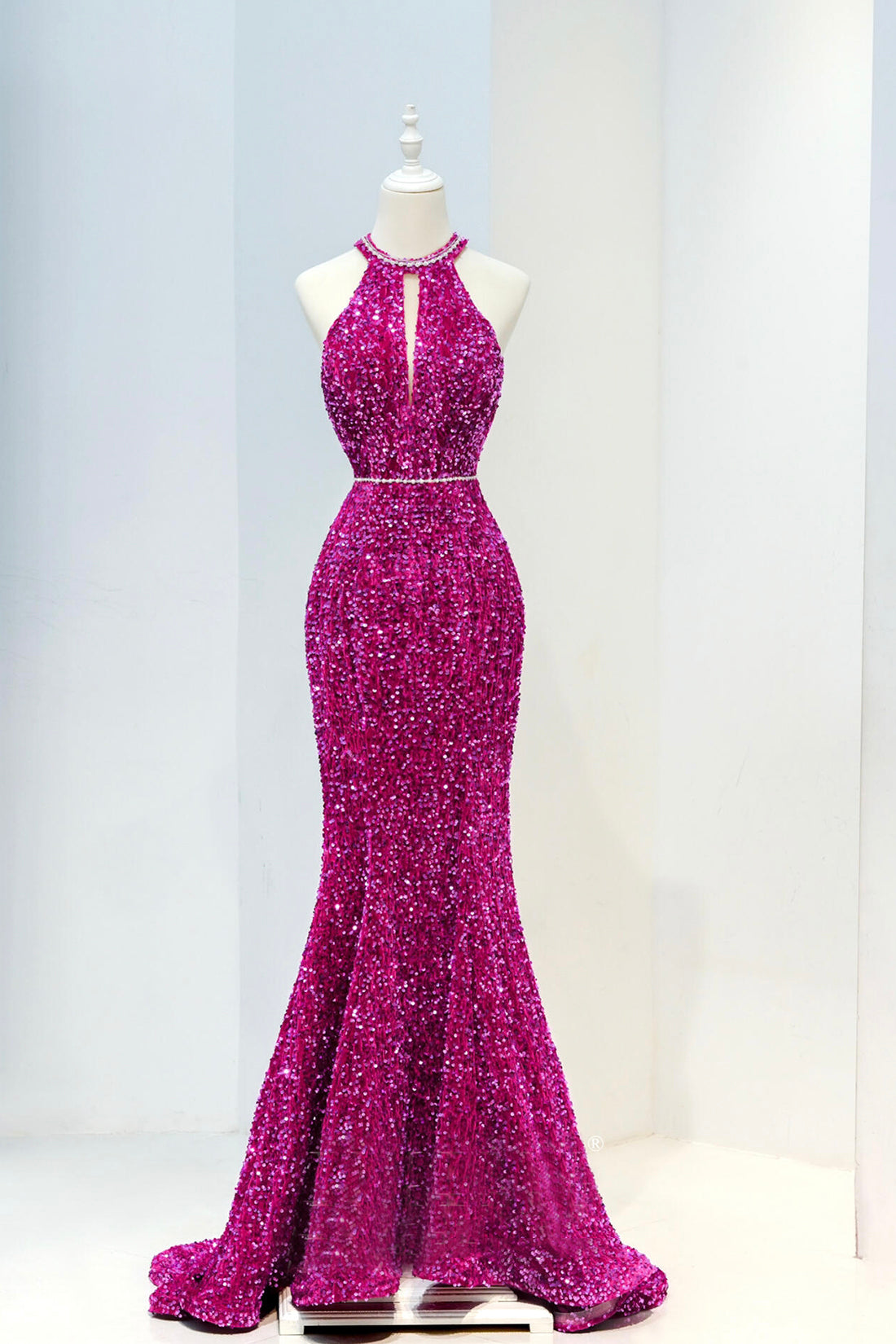 Hot Pink Sequins Long Prom Dress, Mermaid Backless Evening Dress