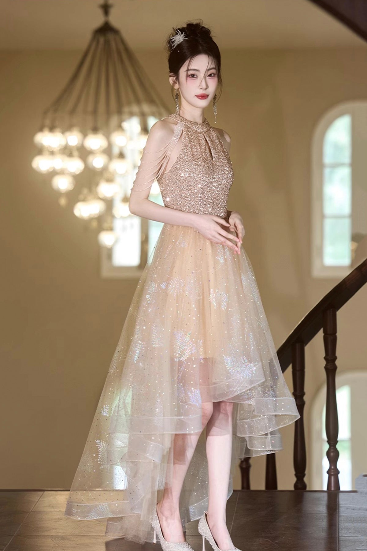 Champagne Tulle Beads Short Party Dress, A-Line High Low Prom Homecoming Dress