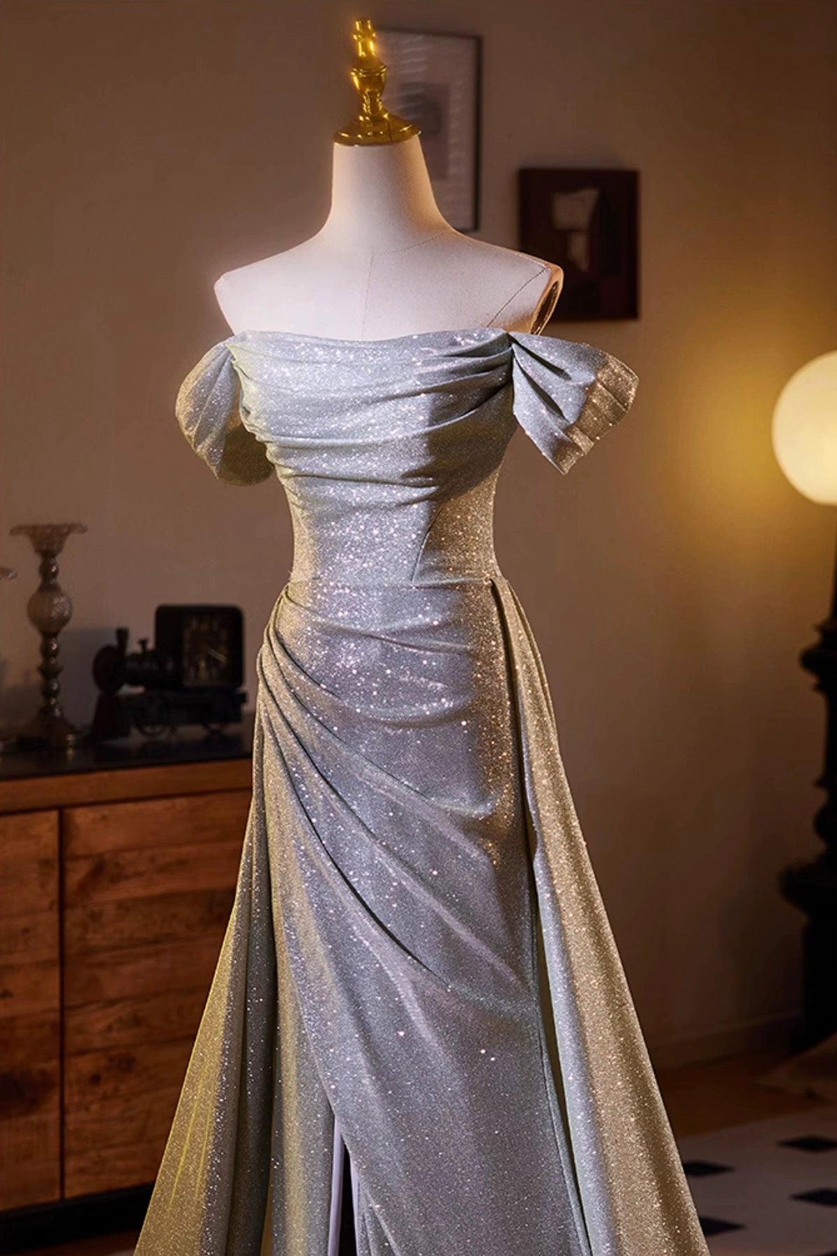 Sparkly Gray Sequins Split Front Prom Dress, Off the Shoulder Sweep Train Formal Dress