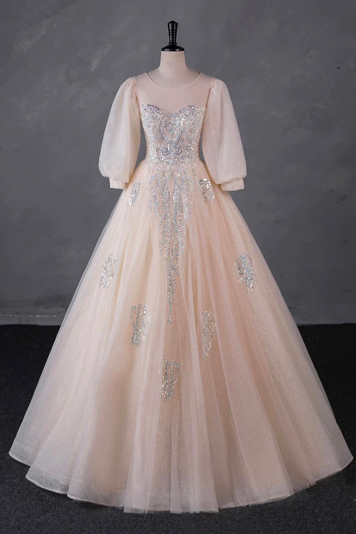 Champagne Tulle Sequins Long Prom Dress, A-Line Long Sleeve Evening Party Dress